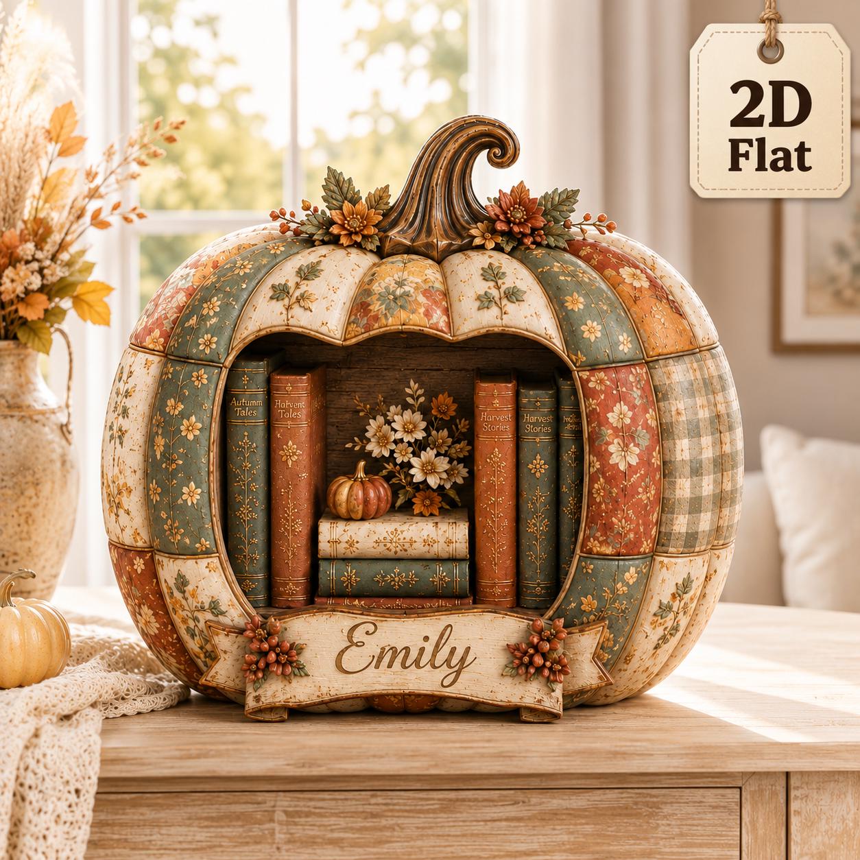 Personalized Pumpkin Bookshelf Sign with Custom Name for Fall Reader Decor, Patchwork Autumn Wooden Block, and Book Lover Gift - photo 2
