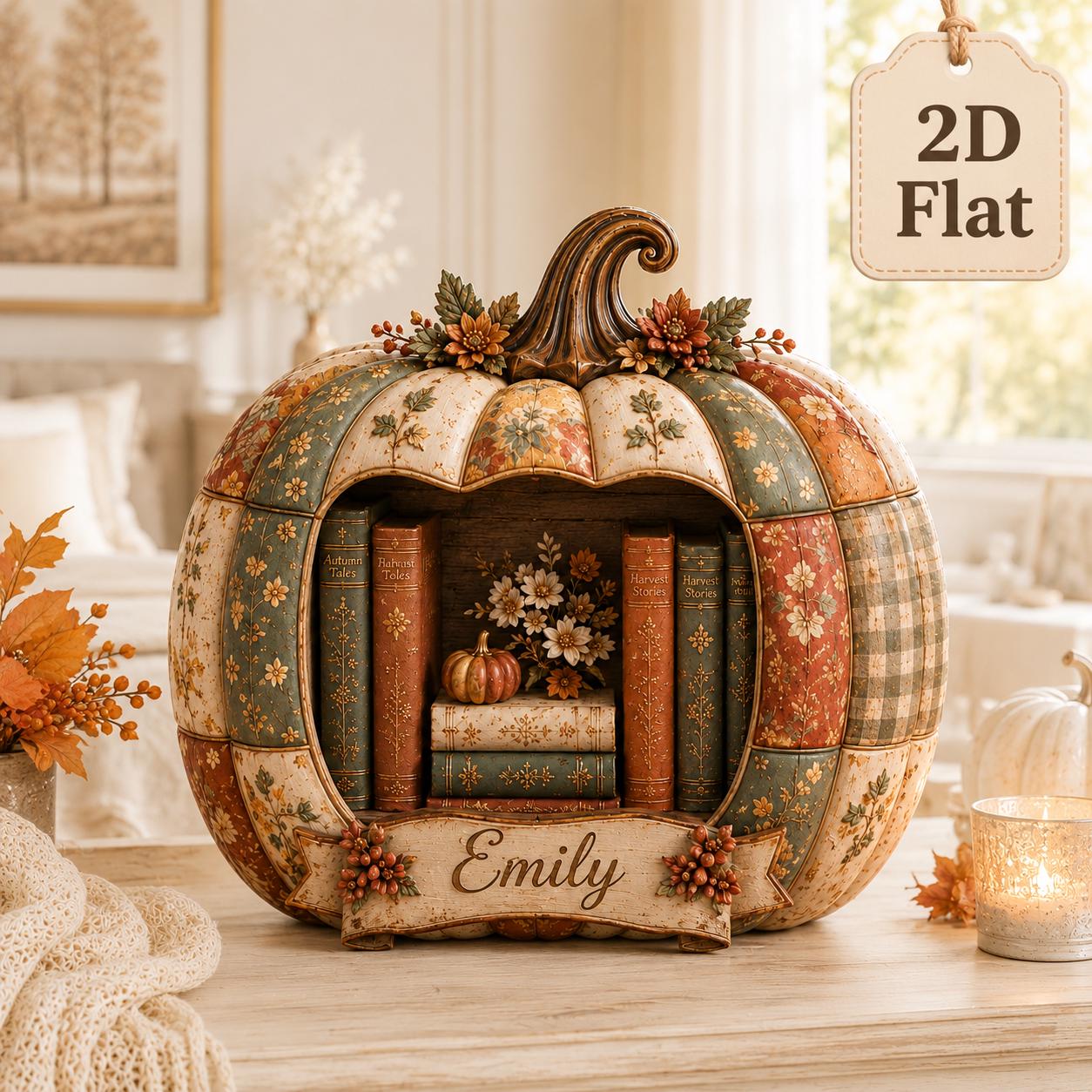 Personalized Pumpkin Bookshelf Sign with Custom Name for Fall Reader Decor, Patchwork Autumn Wooden Block, and Book Lover Gift - photo 3