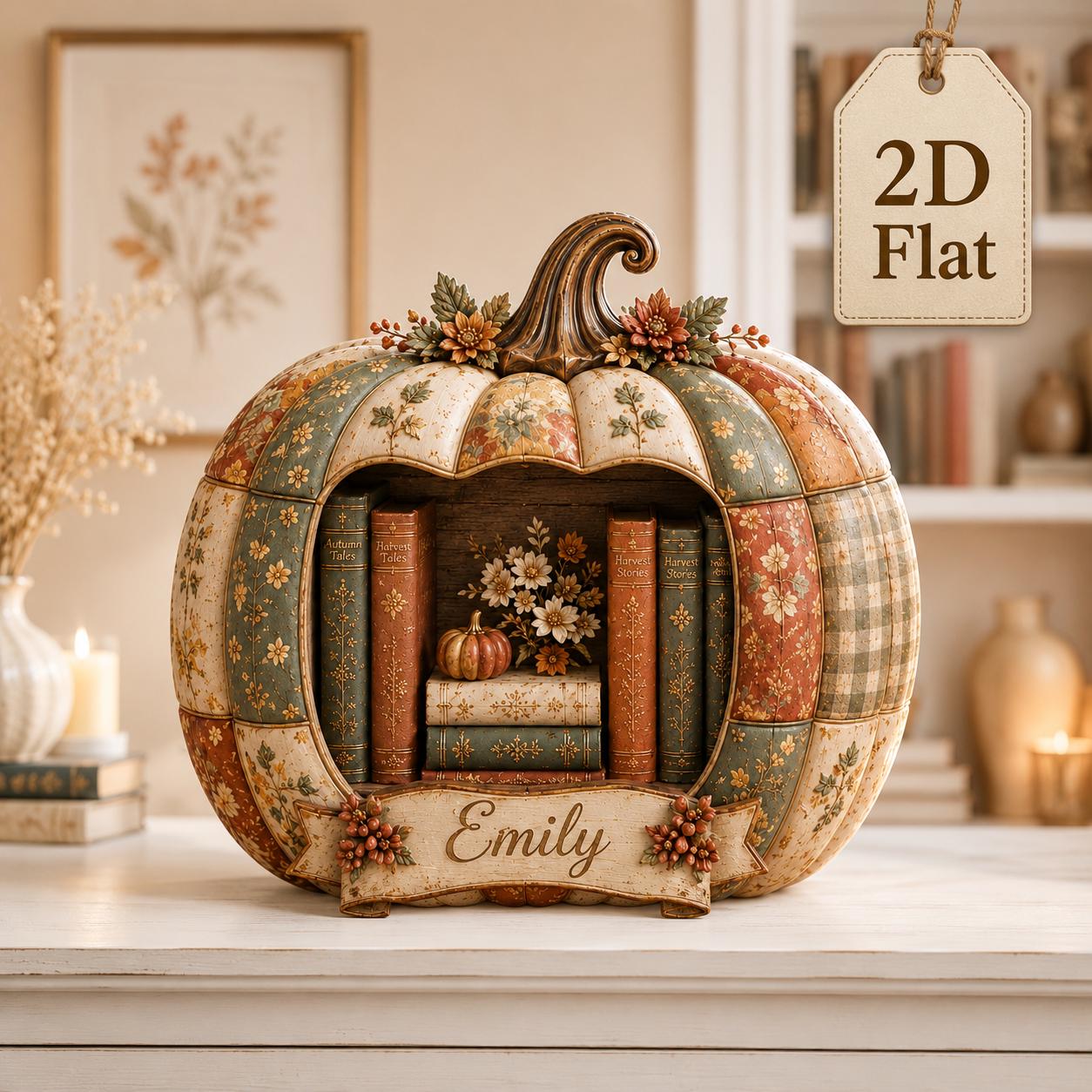 Personalized Pumpkin Bookshelf Sign with Custom Name for Fall Reader Decor, Patchwork Autumn Wooden Block, and Book Lover Gift - photo 4