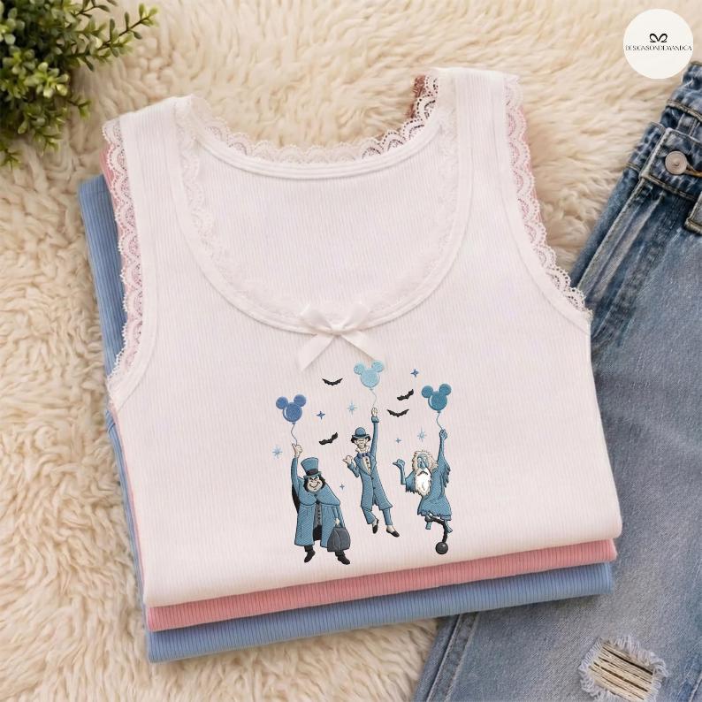 Embroidered Haunted Mansion Hitchhiking Ghosts Balloons Lace Trim Baby Tee Crop Tank – Welcome Foolish Mortals Disney Halloween Outfit