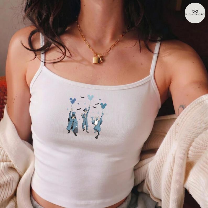 Embroidered Haunted Mansion Hitchhiking Ghosts Balloons Lace Trim Baby Tee Crop Tank – Welcome Foolish Mortals Disney Halloween Outfit - photo 3