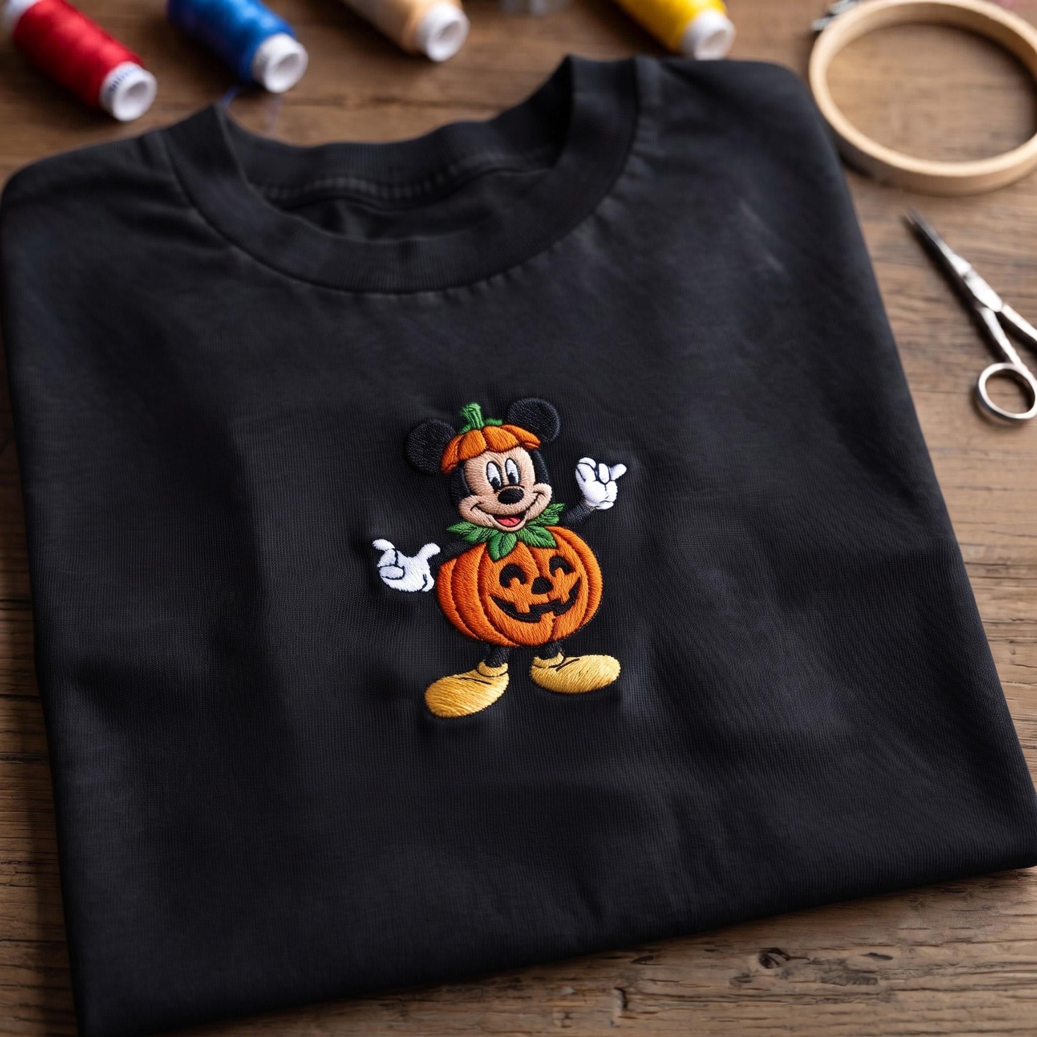 Embroidered Halloween Mickey Pumpkin Washed Tee – Vintage Retro Disney Park Shirt for Disneyland Halloween Outfit