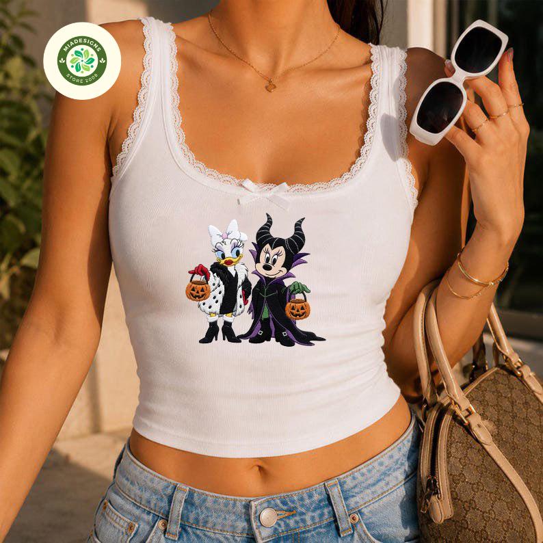 Embroidered Minnie and Daisy Villains Cosplay Lace Trim Tank Top – Disney Besties Halloween Baby Tee Crop Tank for WDW Disneyland Party