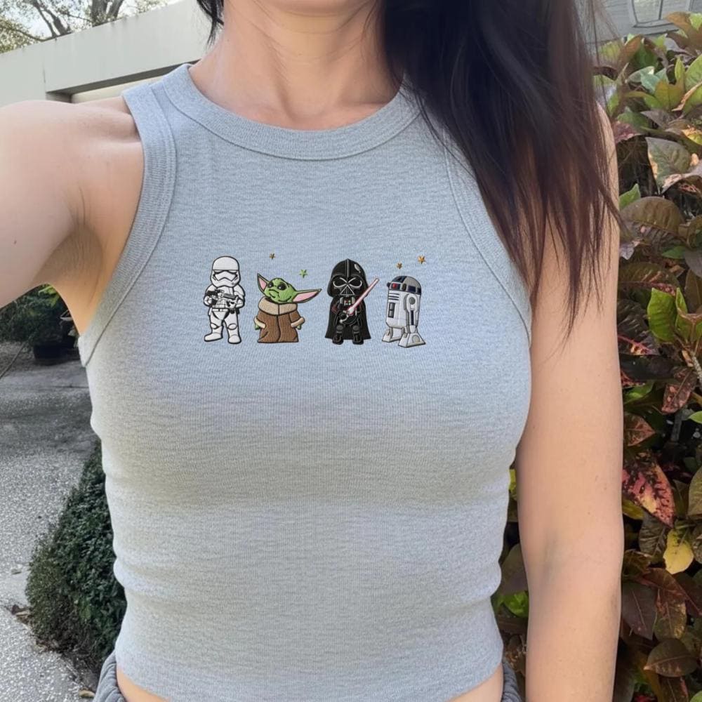 Embroidered Star Wars Tank Top With Grogu Darth Vader R2D2 and Stormtrooper – Cute Galaxy Tee for Disney Park Outfit Gift