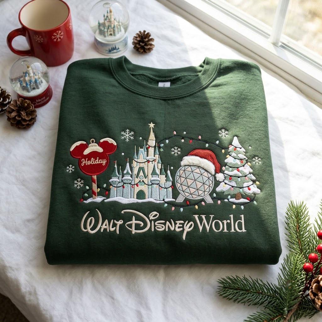 Disney World Christmas Sweatshirt With Embroidered Holiday Castle Design – Magical Winter Theme Park Vacation Family Gift Apparel