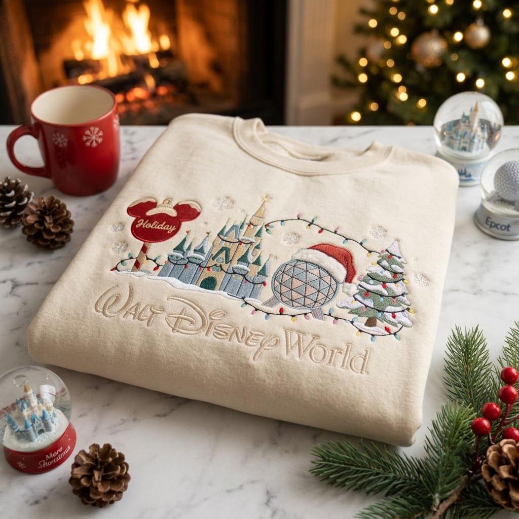 Disney World Christmas Sweatshirt With Embroidered Holiday Castle Design – Magical Winter Theme Park Vacation Family Gift Apparel - photo 2