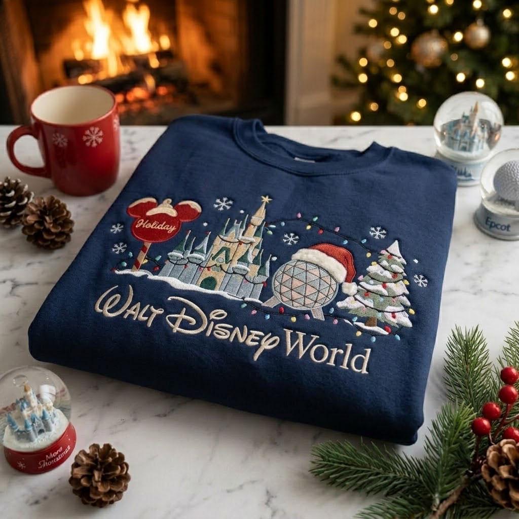 Disney World Christmas Sweatshirt With Embroidered Holiday Castle Design – Magical Winter Theme Park Vacation Family Gift Apparel - photo 3