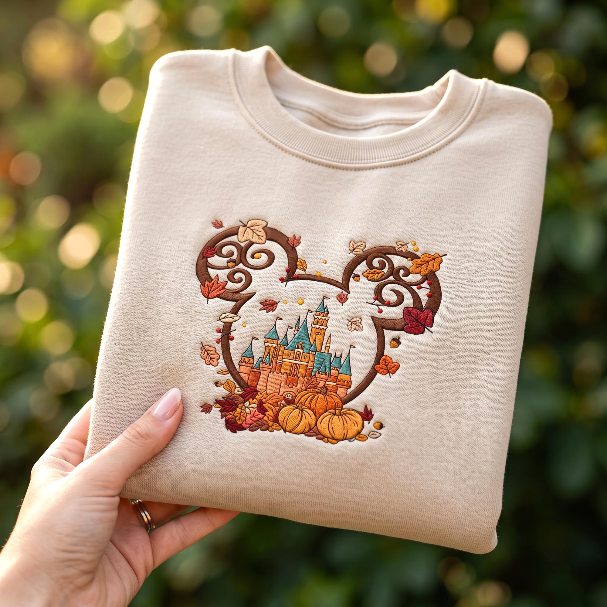 Embroidered Mickey Castle Fall Sweatshirt With Pumpkin Design – Magic Kingdom Disney Spooky Season Sweater for Disneyland Halloween Gift