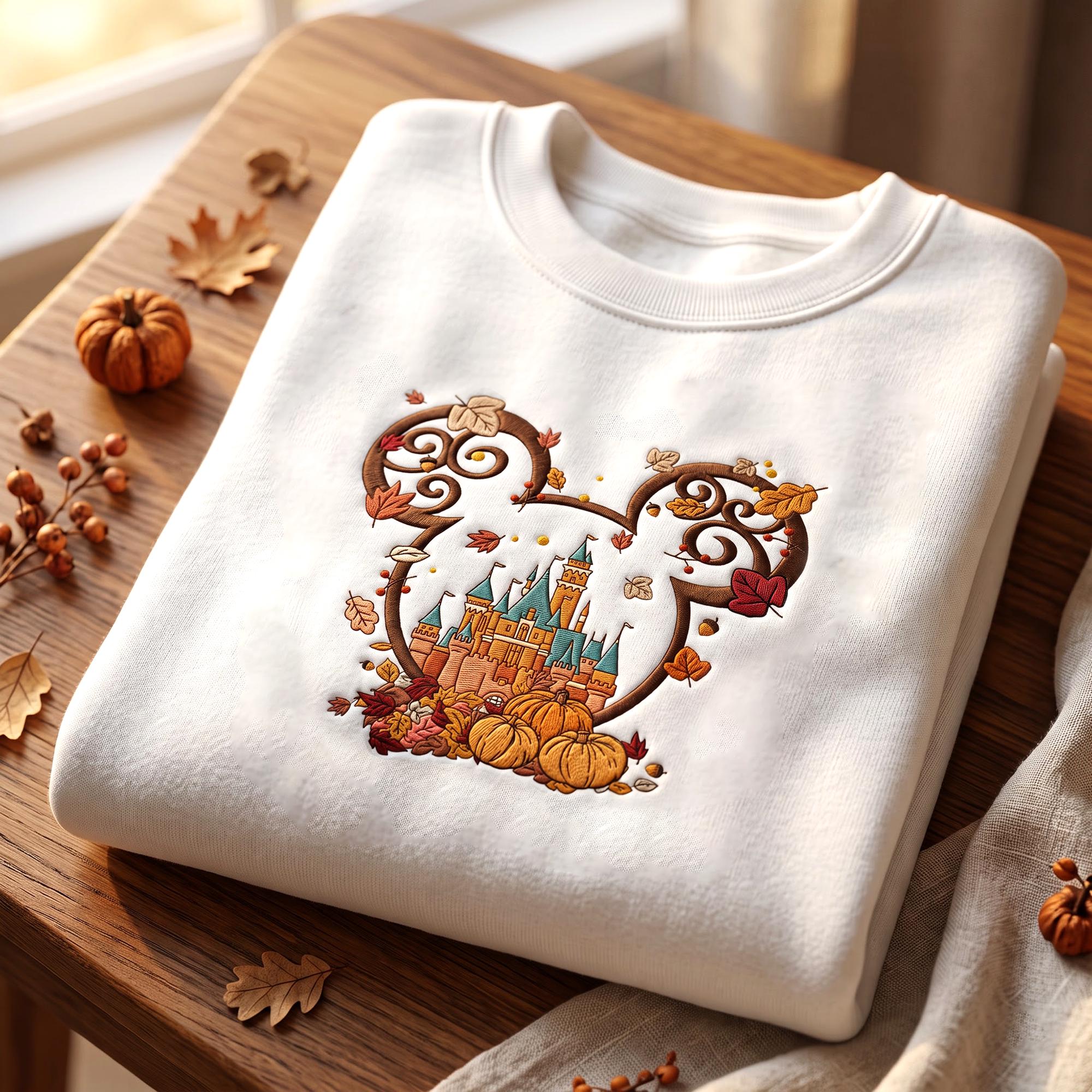 Embroidered Mickey Castle Fall Sweatshirt With Pumpkin Design – Magic Kingdom Disney Spooky Season Sweater for Disneyland Halloween Gift - photo 2