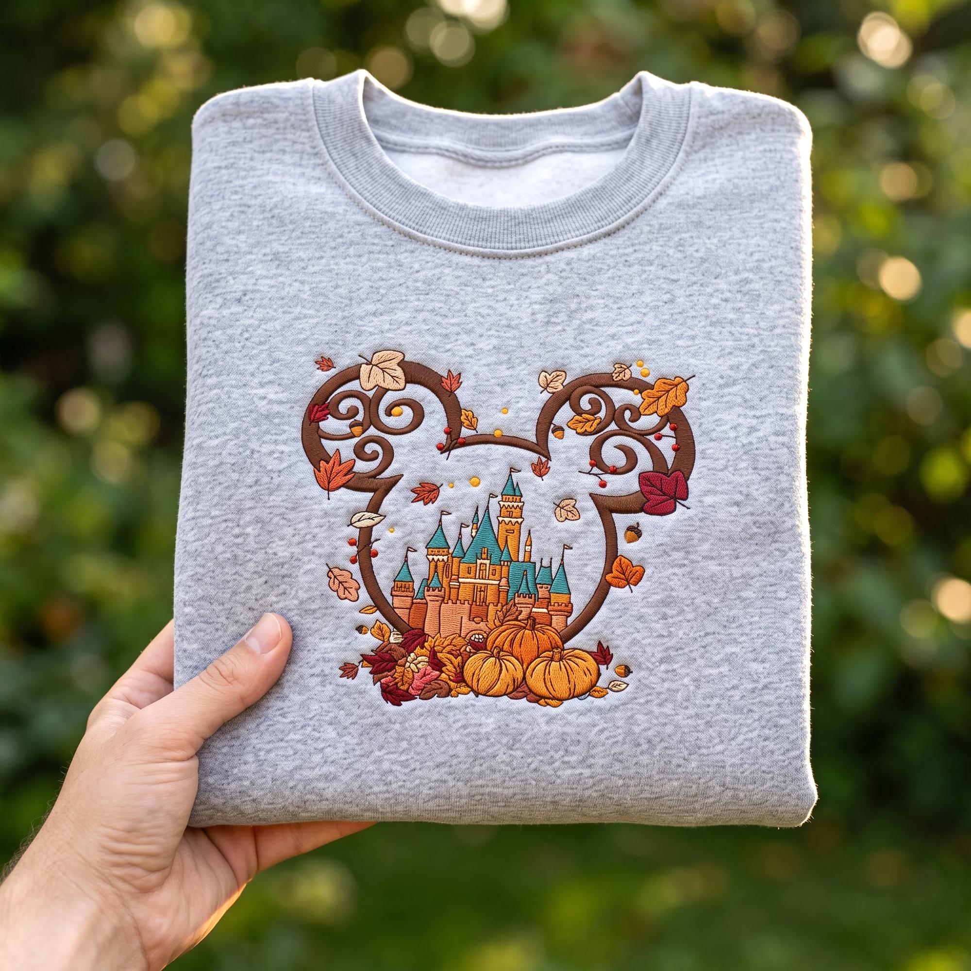 Embroidered Mickey Castle Fall Sweatshirt With Pumpkin Design – Magic Kingdom Disney Spooky Season Sweater for Disneyland Halloween Gift - photo 3