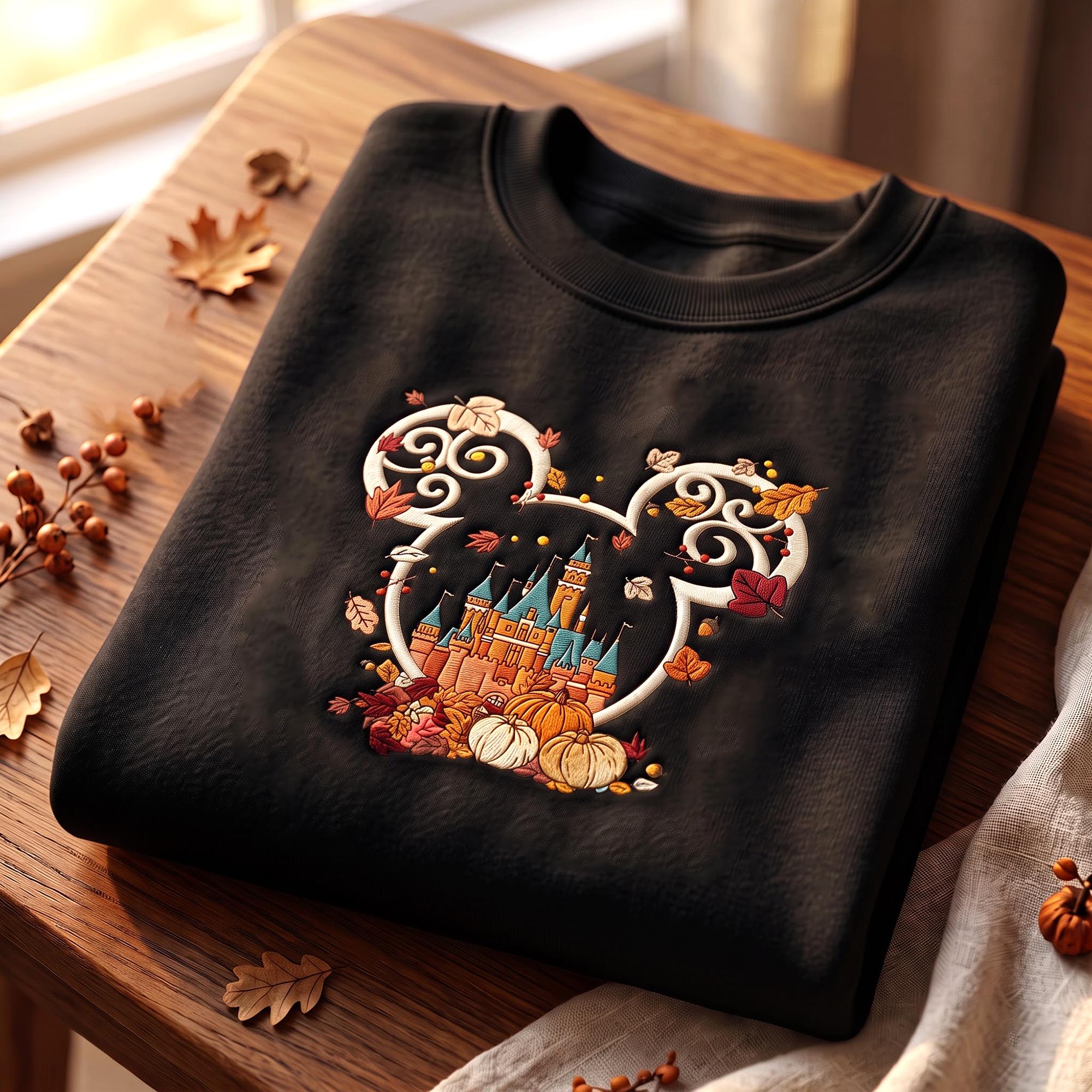 Embroidered Mickey Castle Fall Sweatshirt With Pumpkin Design – Magic Kingdom Disney Spooky Season Sweater for Disneyland Halloween Gift - photo 4