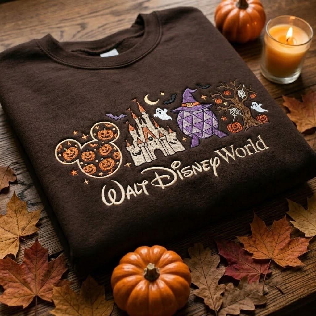 Walt Disney World Halloween Sweatshirt With Embroidered Castle and Pumpkin – Spooky Ghost Theme Park Fall Vacation Outfit Gift Idea