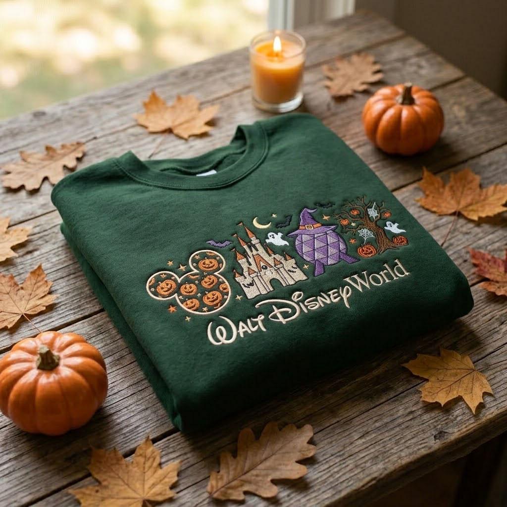 Walt Disney World Halloween Sweatshirt With Embroidered Castle and Pumpkin – Spooky Ghost Theme Park Fall Vacation Outfit Gift Idea - photo 3