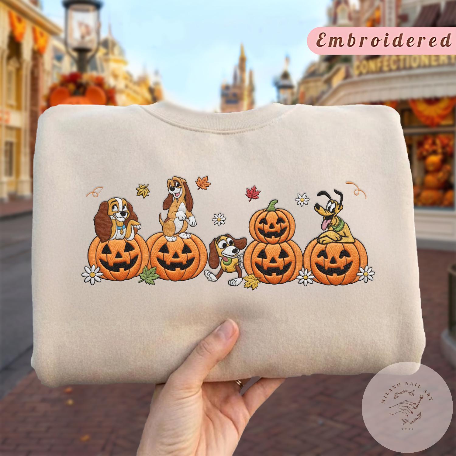 Embroidered Disney Dogs Pumpkin Halloween T-Shirt Sweatshirt Hoodie With Pluto Slinky Lady Copper – WDW Disneyland Fall Vibes Shirt