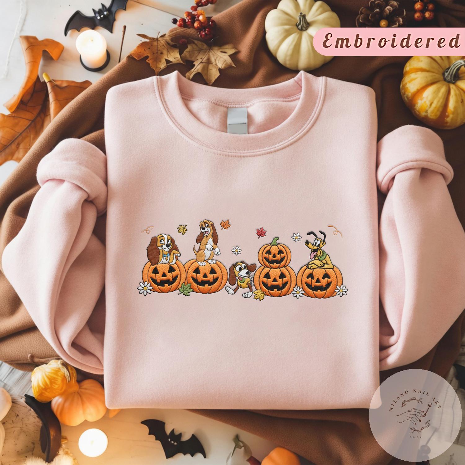 Embroidered Disney Dogs Pumpkin Halloween T-Shirt Sweatshirt Hoodie With Pluto Slinky Lady Copper – WDW Disneyland Fall Vibes Shirt - photo 2