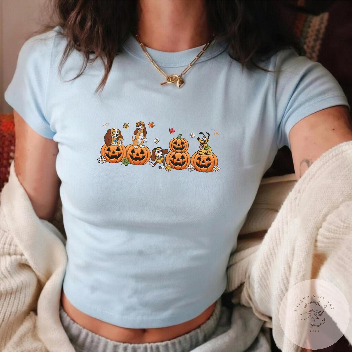Embroidered Disney Dogs Pumpkin Halloween T-Shirt Sweatshirt Hoodie With Pluto Slinky Lady Copper – WDW Disneyland Fall Vibes Shirt - photo 7