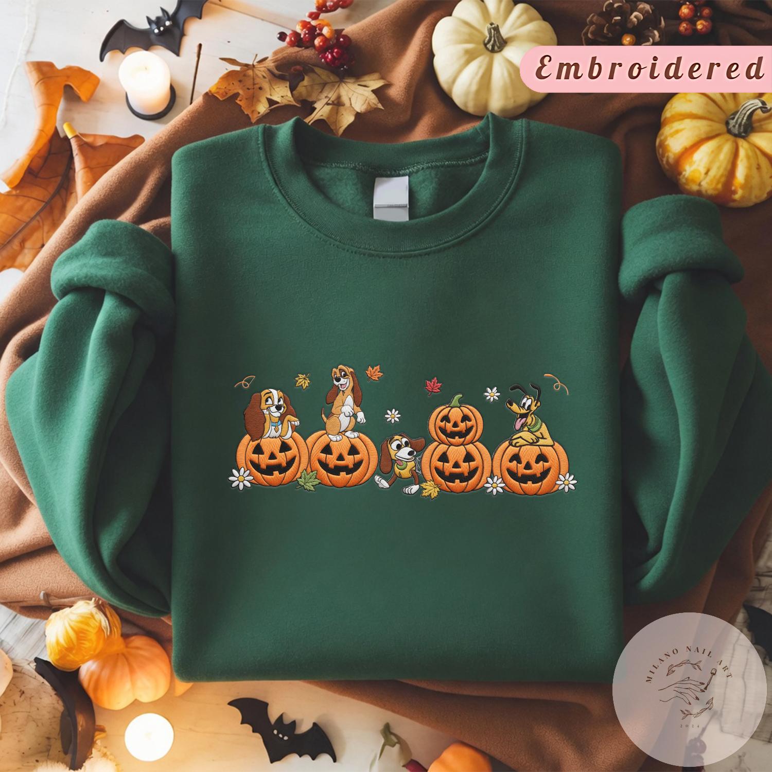 Embroidered Disney Dogs Pumpkin Halloween T-Shirt Sweatshirt Hoodie With Pluto Slinky Lady Copper – WDW Disneyland Fall Vibes Shirt - photo 8