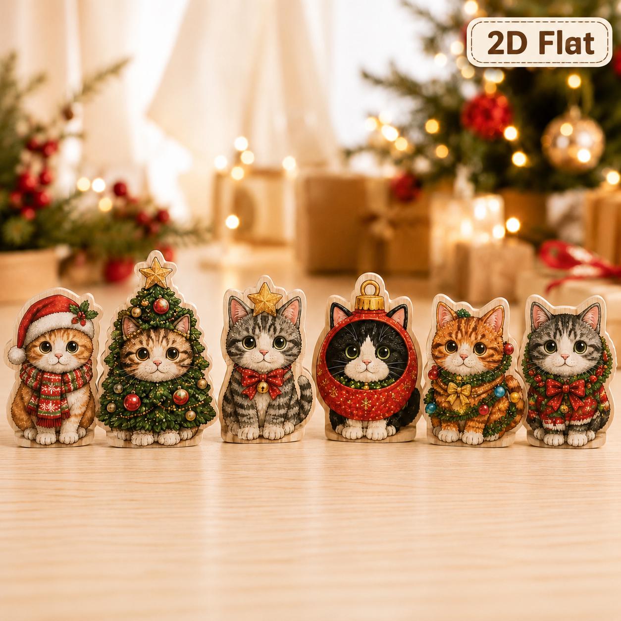 Christmas Wooden Block Set with Cat Santa Tree Ornament for Kitty Shelf Decor and Cute Holiday Cat Lover Gift