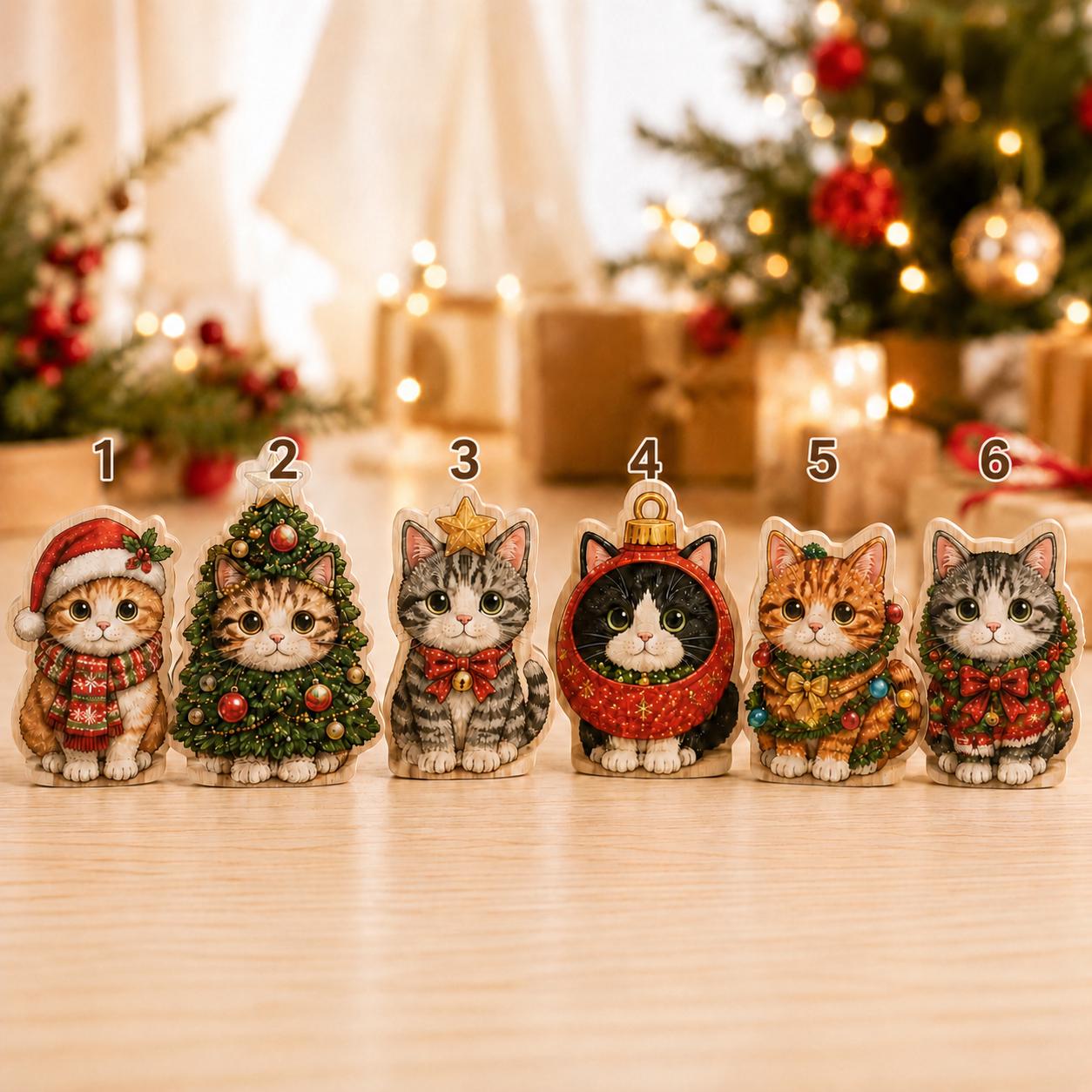 Christmas Wooden Block Set with Cat Santa Tree Ornament for Kitty Shelf Decor and Cute Holiday Cat Lover Gift - photo 5