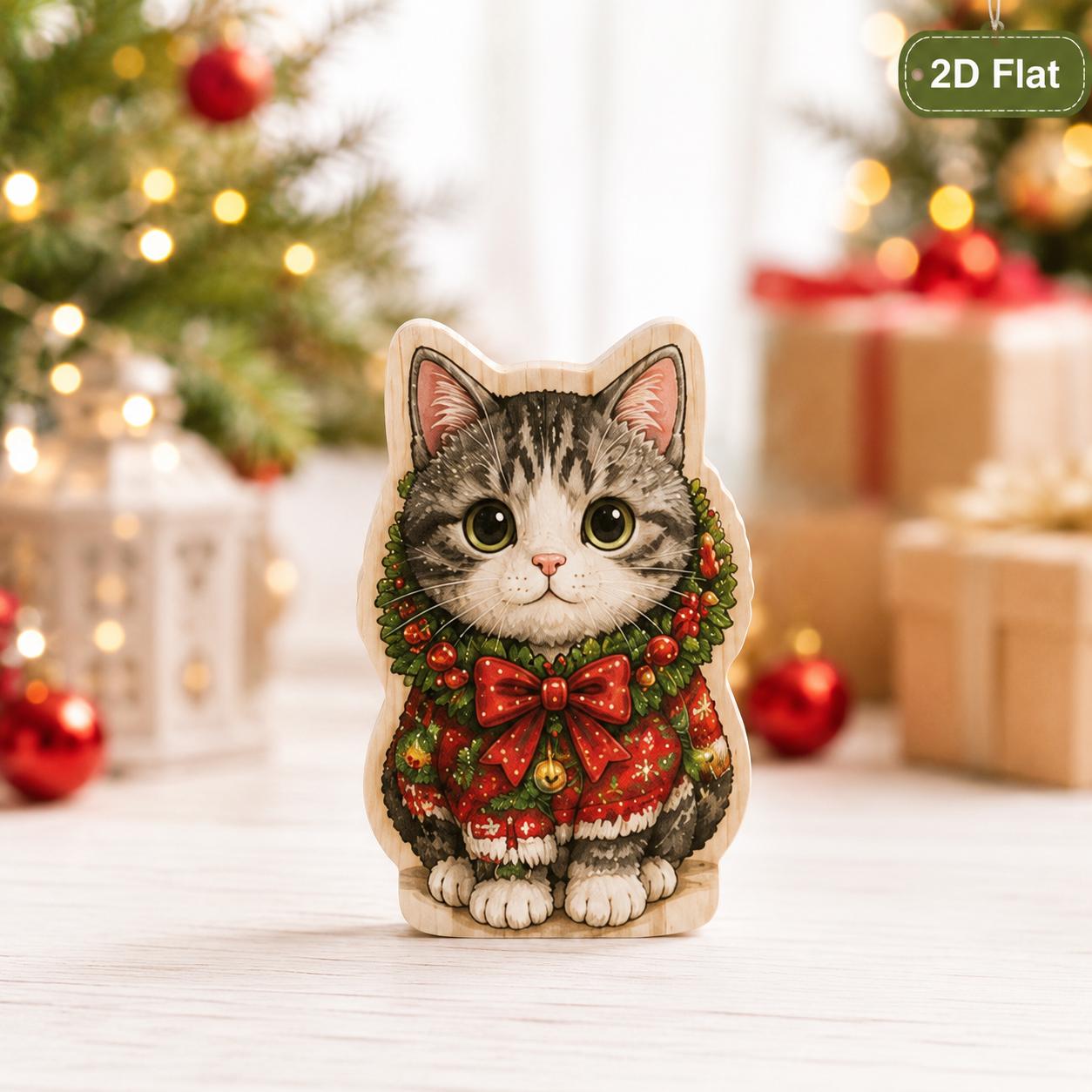 Christmas Wooden Block Set with Cat Santa Tree Ornament for Kitty Shelf Decor and Cute Holiday Cat Lover Gift - photo 7