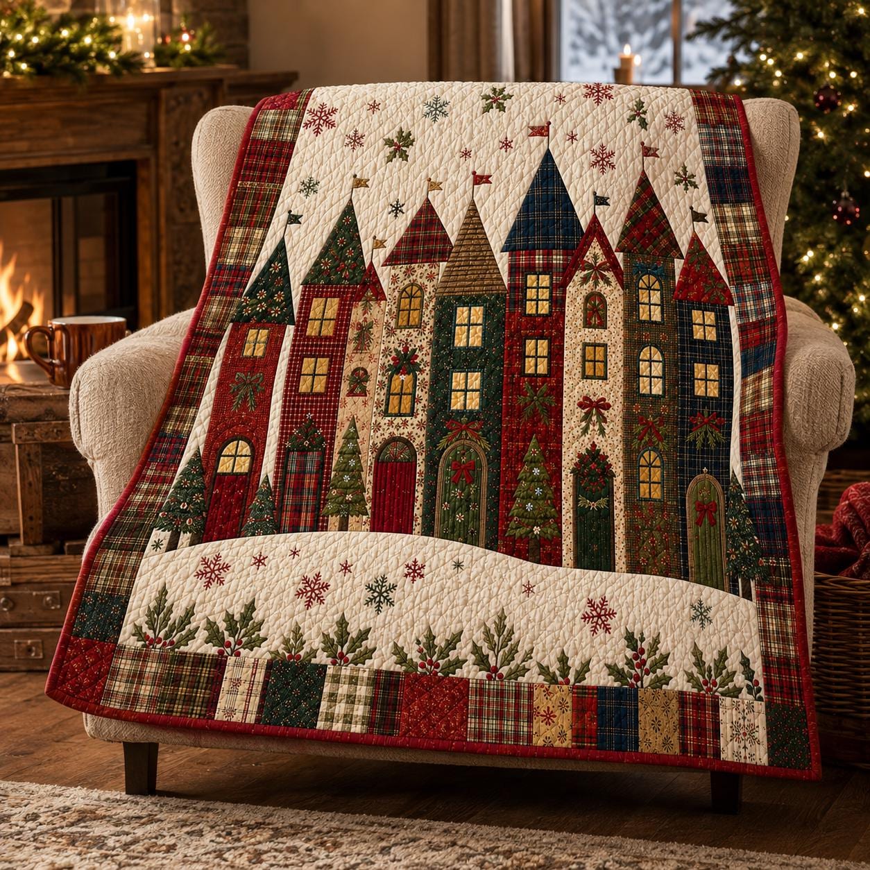 Plaid Christmas Village Quilt with Rustic Holiday Blanket, Festive Winter Throw, Farmhouse Bedding, and Cozy Home Decor