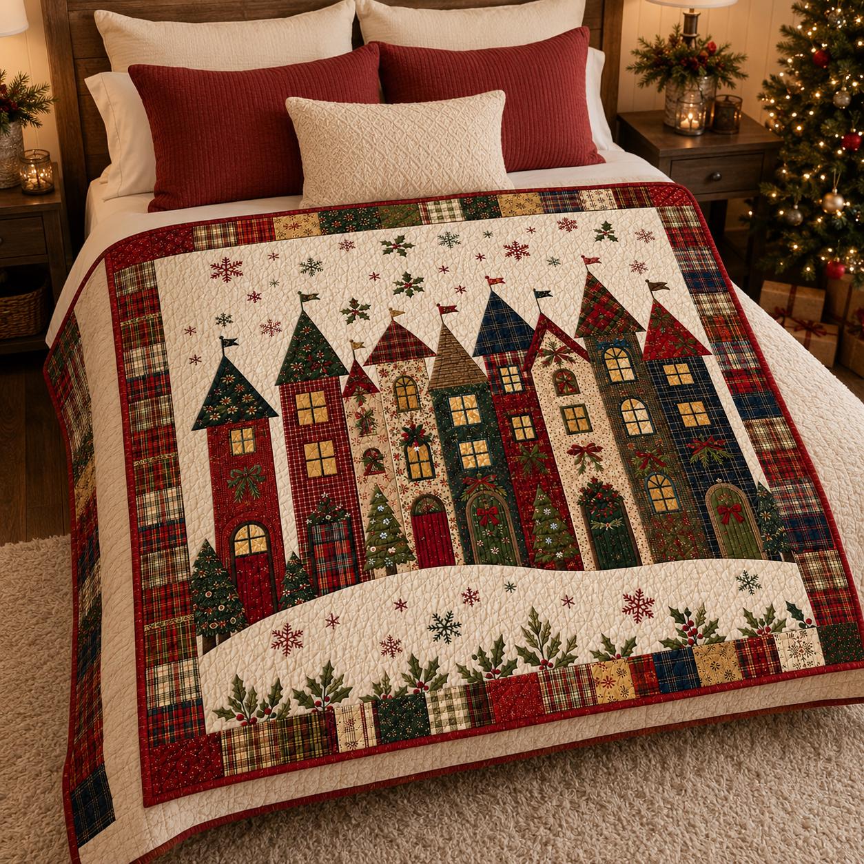 Plaid Christmas Village Quilt with Rustic Holiday Blanket, Festive Winter Throw, Farmhouse Bedding, and Cozy Home Decor - photo 2