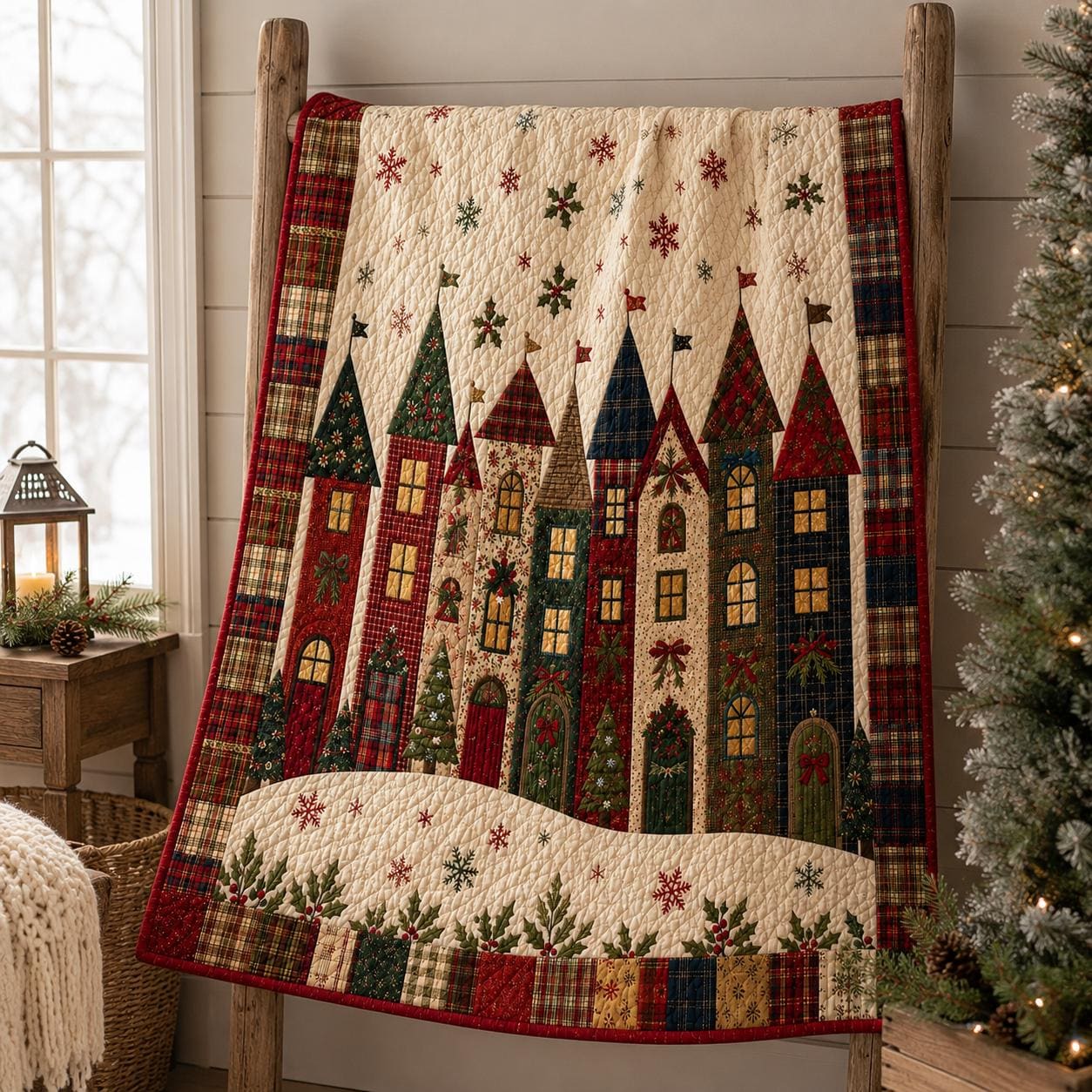 Plaid Christmas Village Quilt with Rustic Holiday Blanket, Festive Winter Throw, Farmhouse Bedding, and Cozy Home Decor - photo 3