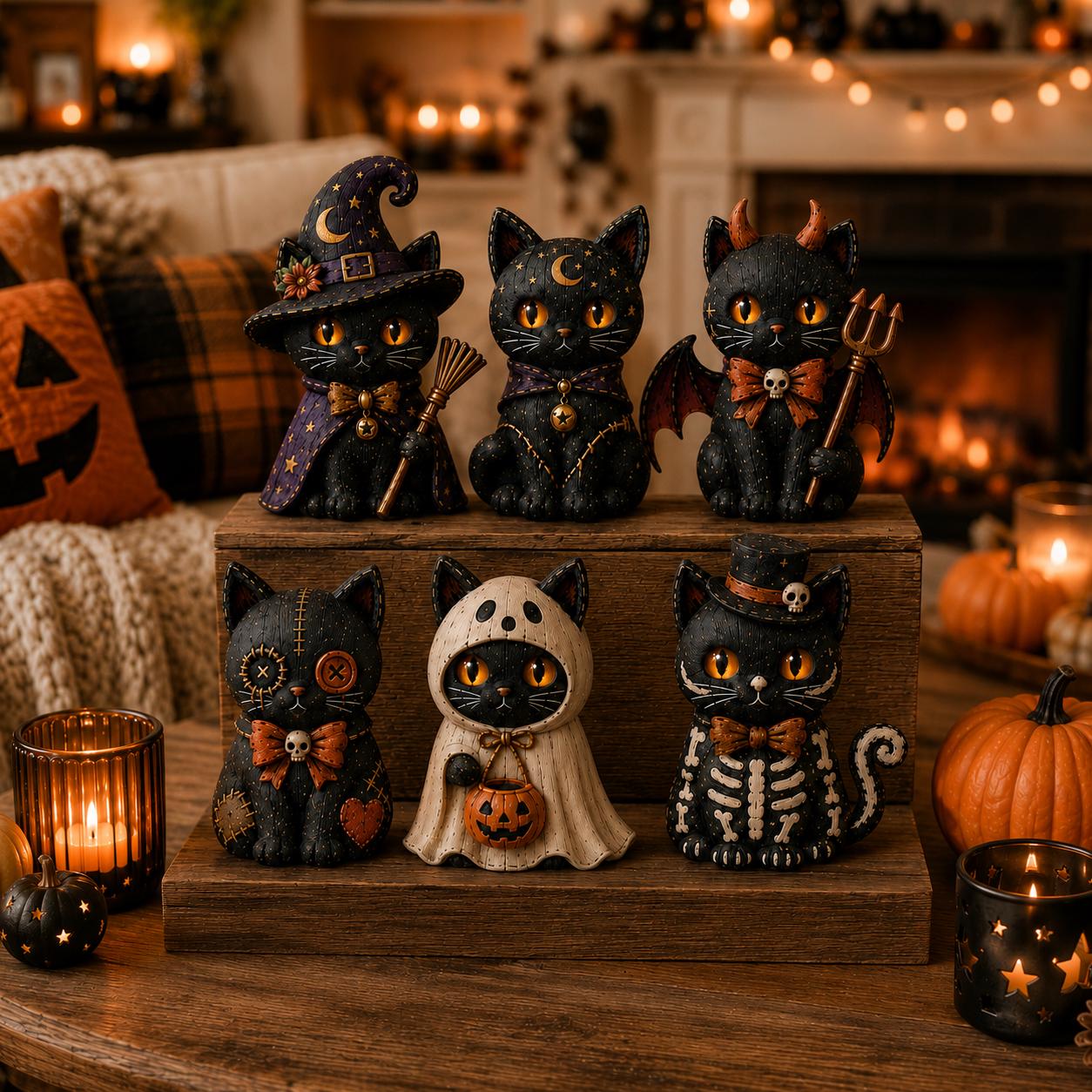 Halloween Black Cat Wooden Block Set with Witch Devil Skeleton Ghost Kitty Shelf Decor and Spooky Cat Lover Gift