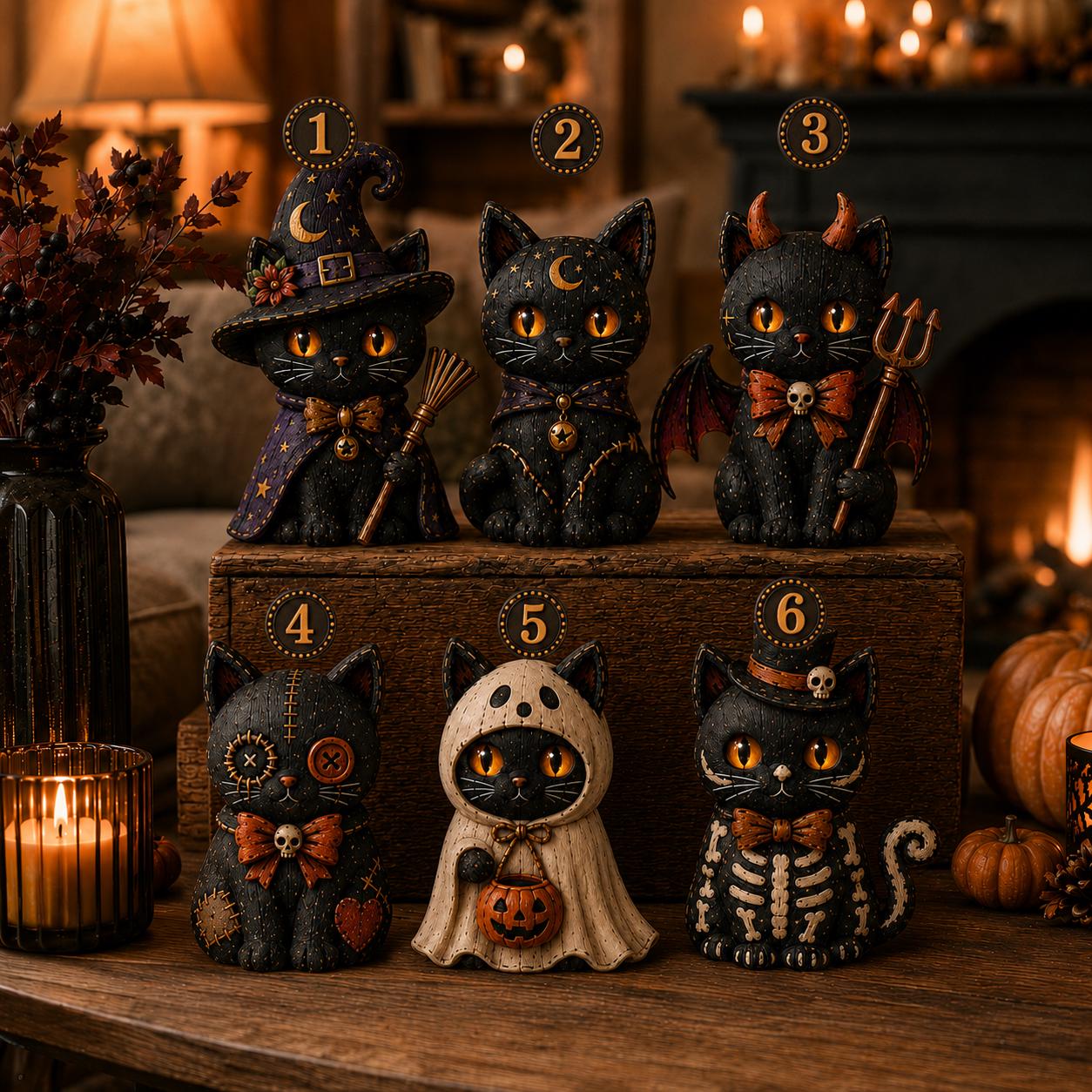Halloween Black Cat Wooden Block Set with Witch Devil Skeleton Ghost Kitty Shelf Decor and Spooky Cat Lover Gift - photo 4