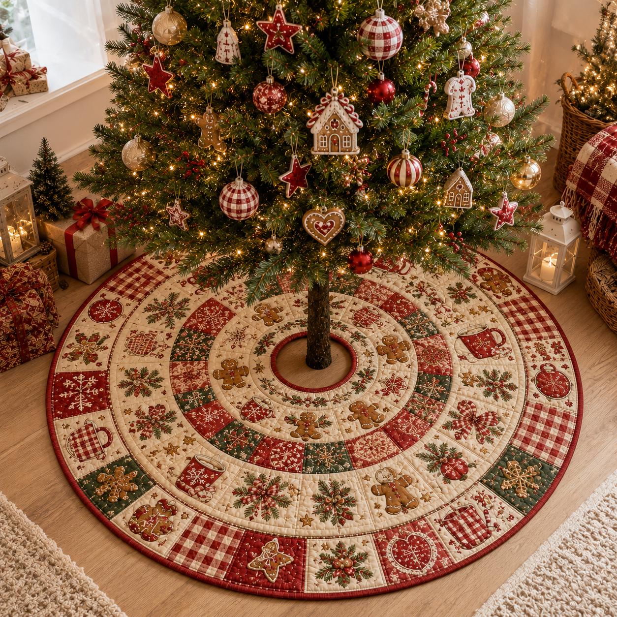 Quilted Style Christmas Tree Skirt and Patchwork Holiday Tree Mat – Rustic Farmhouse Decor for Cozy Xmas