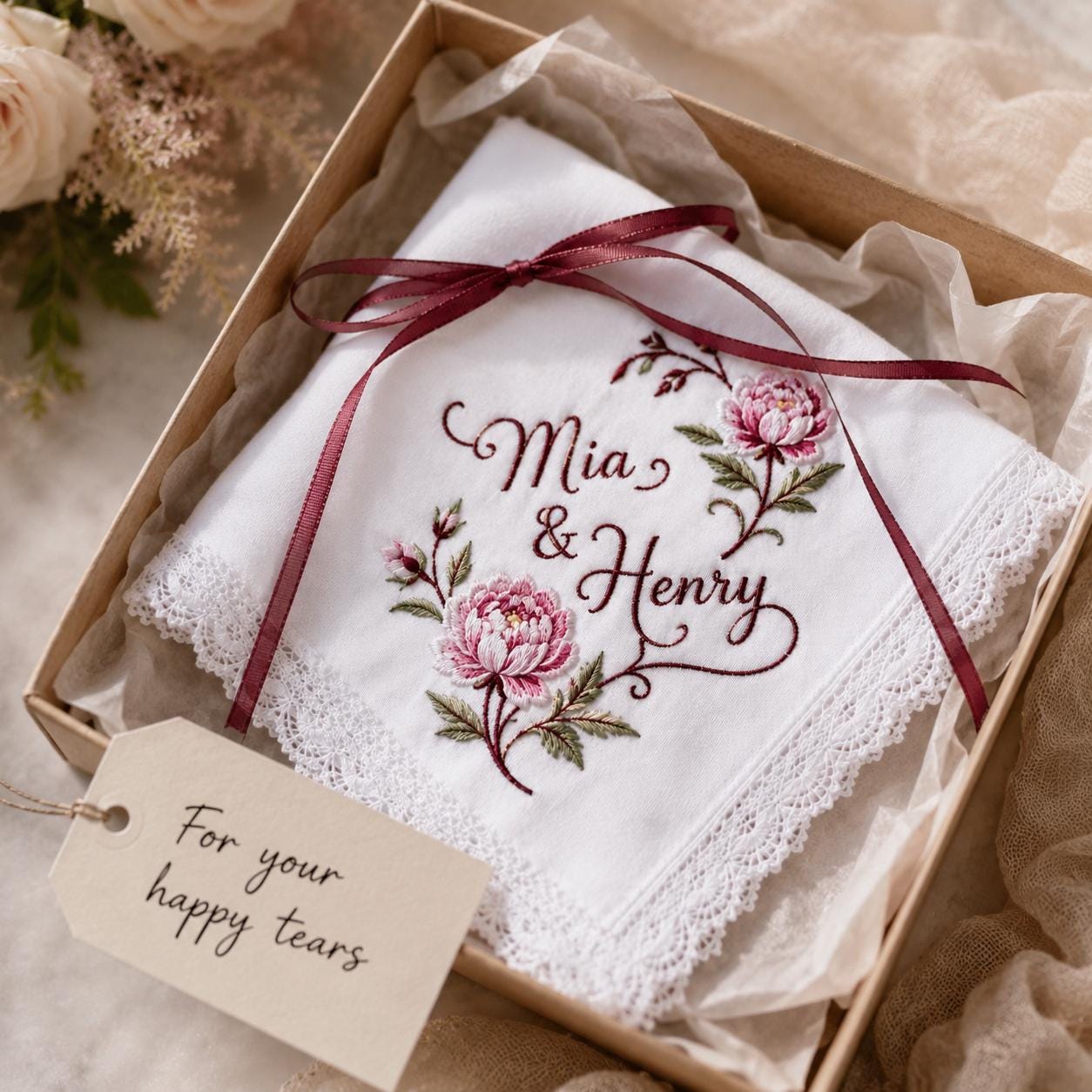 Embroidered Wedding Handkerchief with Custom Couple Name Lace Hankie and Personalized Floral Bridal Keepsake Date Gift