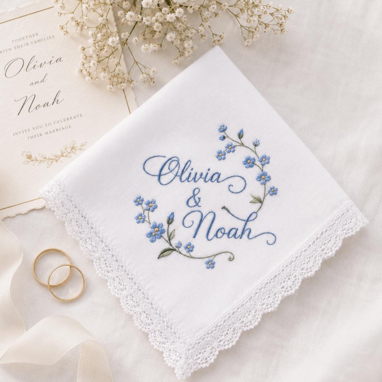 Embroidered Wedding Handkerchief with Custom Couple Name Lace Hankie and Personalized Floral Bridal Keepsake Date Gift - photo 2