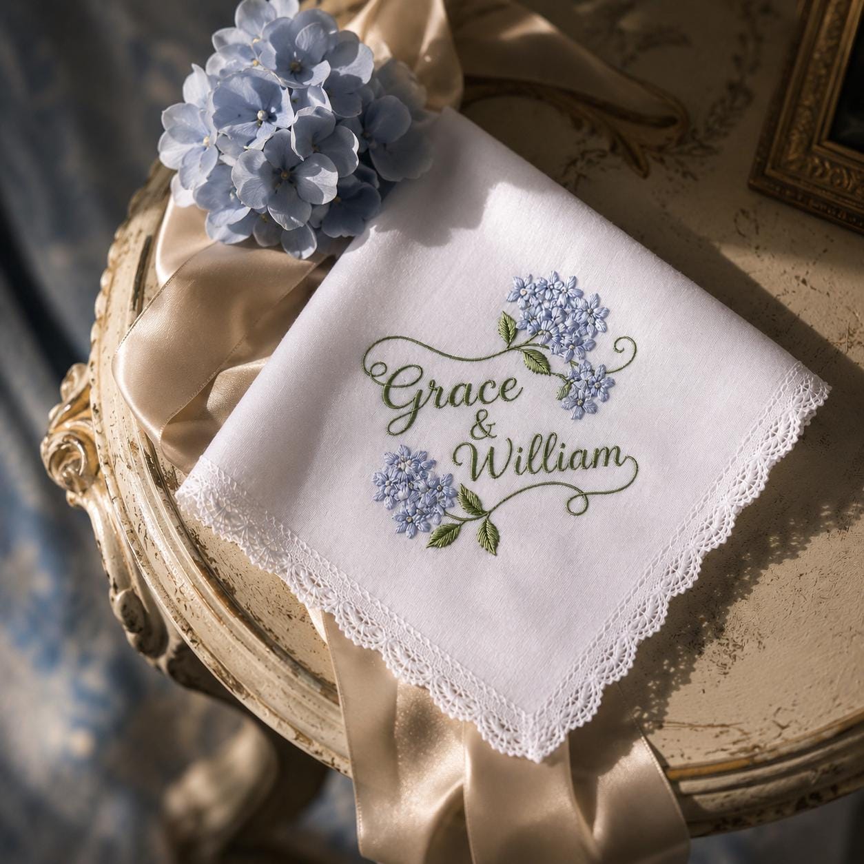 Embroidered Wedding Handkerchief with Custom Couple Name Lace Hankie and Personalized Floral Bridal Keepsake Date Gift - photo 3