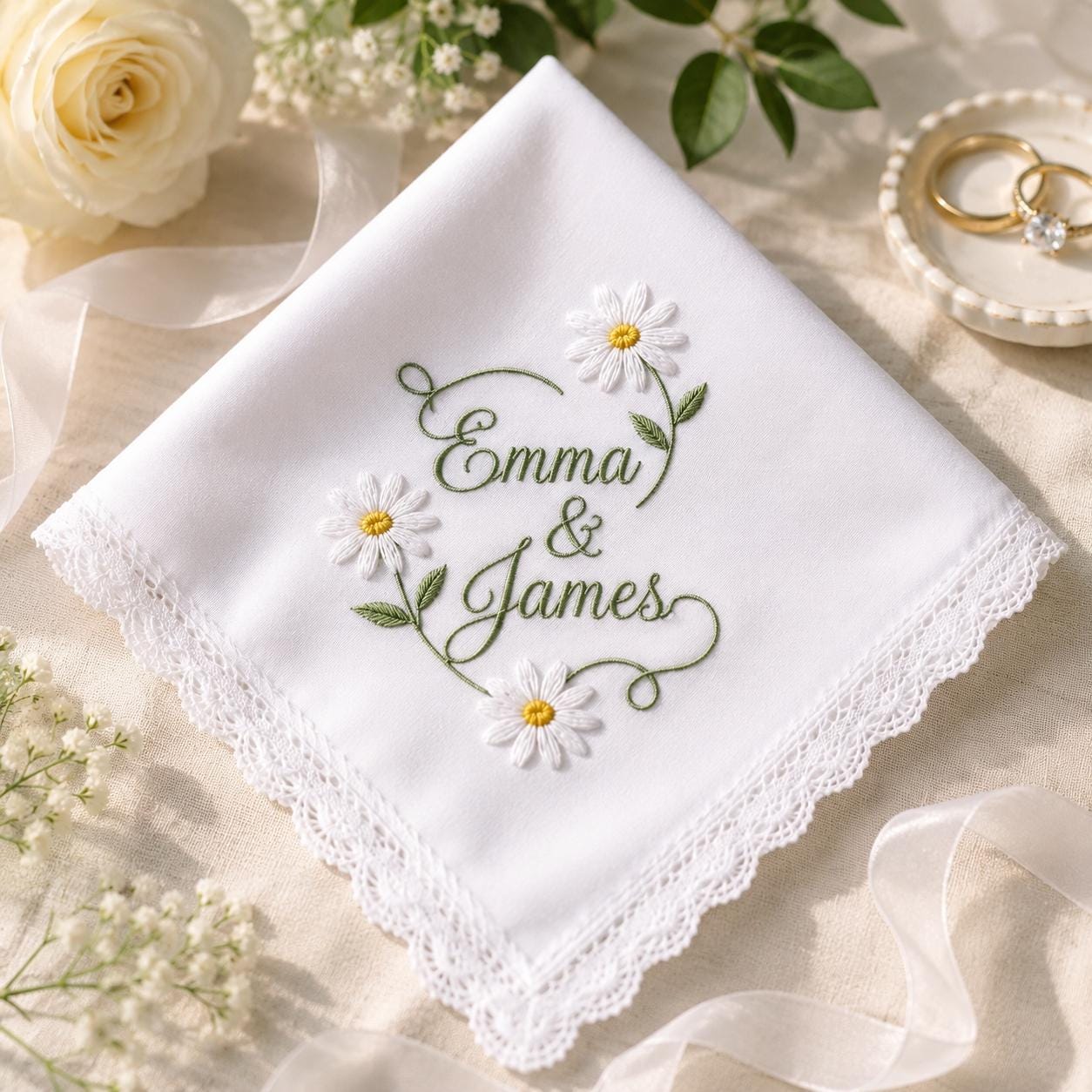 Embroidered Wedding Handkerchief with Custom Couple Name Lace Hankie and Personalized Floral Bridal Keepsake Date Gift - photo 4