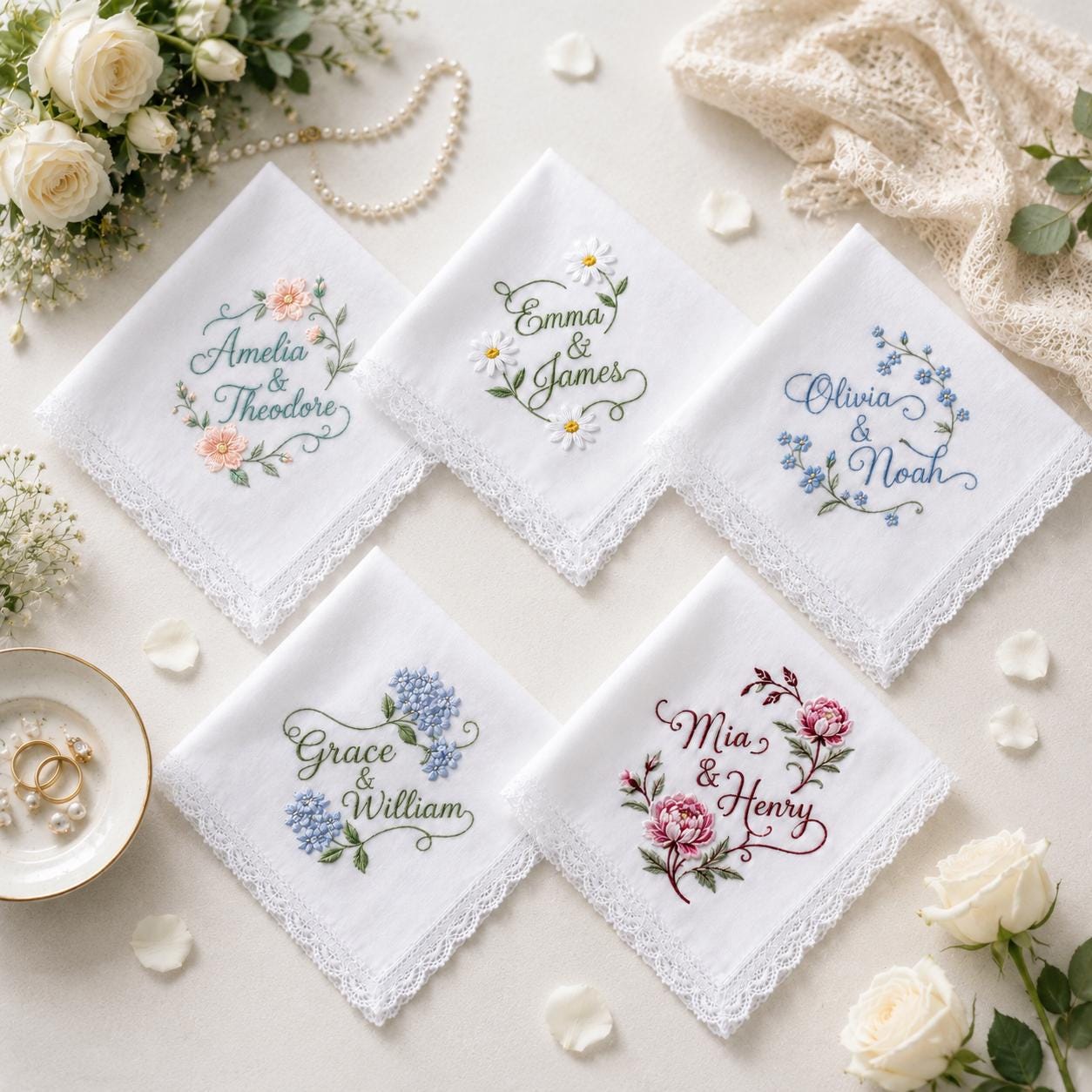 Embroidered Wedding Handkerchief with Custom Couple Name Lace Hankie and Personalized Floral Bridal Keepsake Date Gift - photo 8