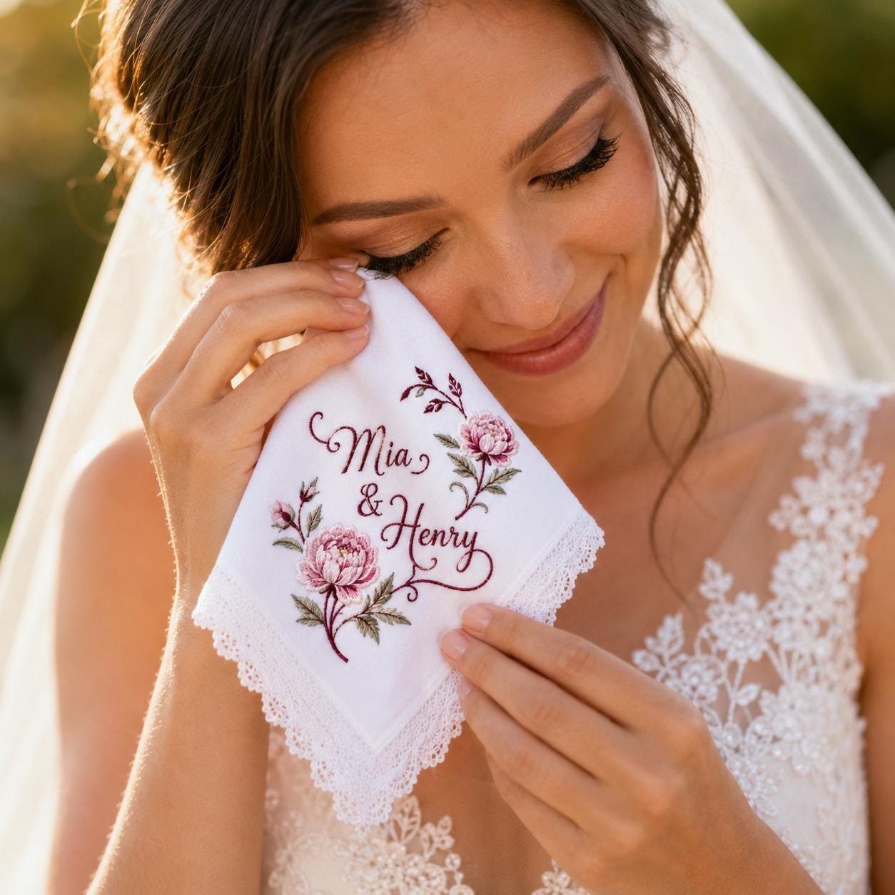 Embroidered Wedding Handkerchief with Custom Couple Name Lace Hankie and Personalized Floral Bridal Keepsake Date Gift - photo 9