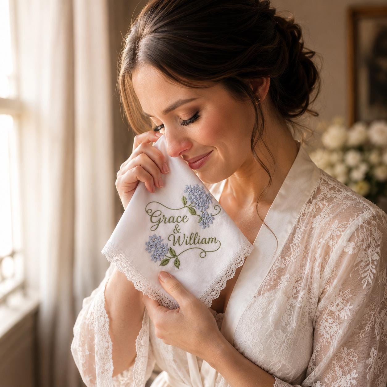 Embroidered Wedding Handkerchief with Custom Couple Name Lace Hankie and Personalized Floral Bridal Keepsake Date Gift - photo 10