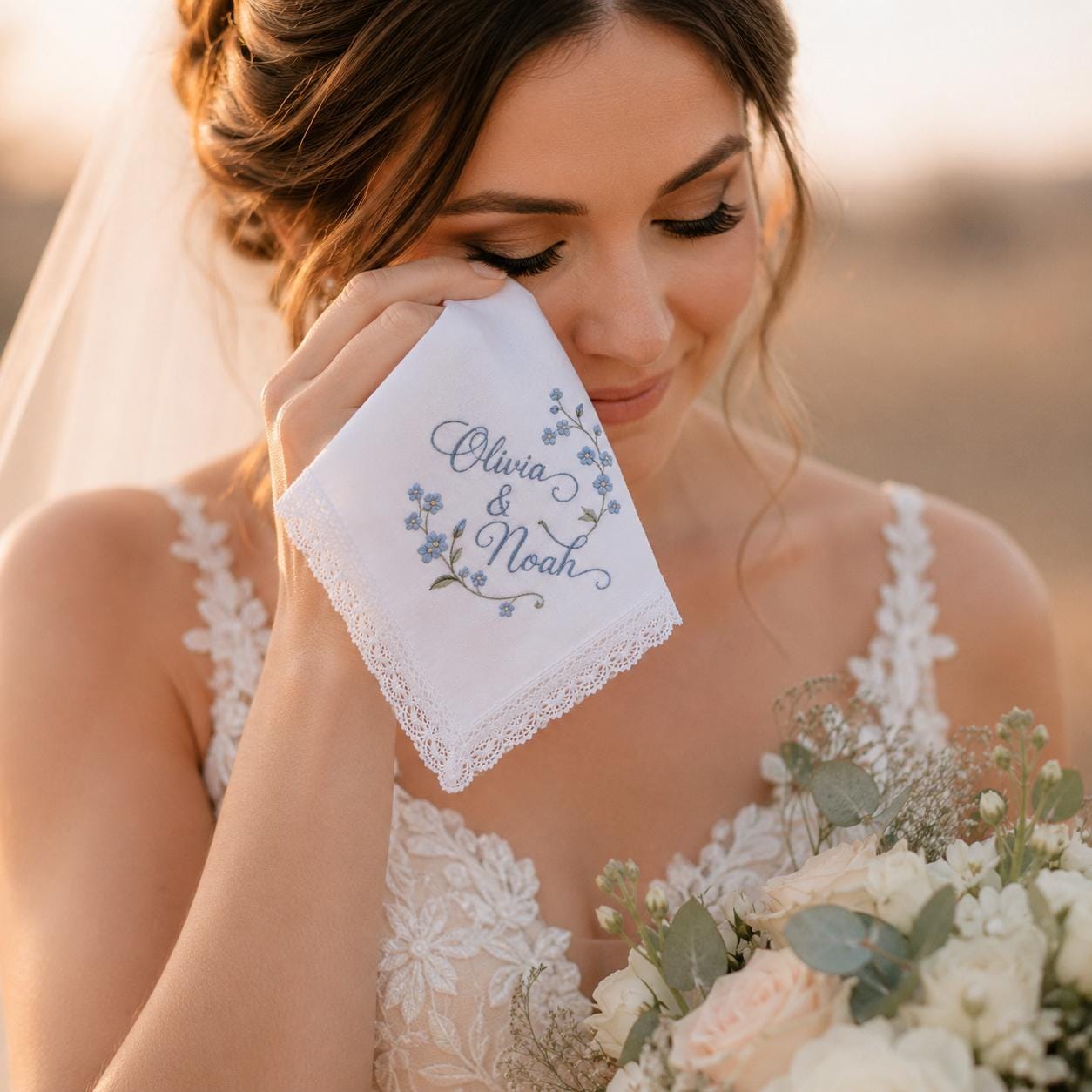 Embroidered Wedding Handkerchief with Custom Couple Name Lace Hankie and Personalized Floral Bridal Keepsake Date Gift - photo 11