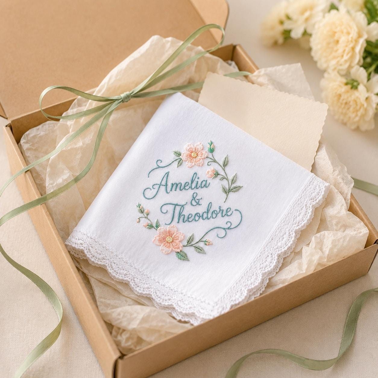 Embroidered Wedding Handkerchief with Custom Couple Name Lace Hankie and Personalized Floral Bridal Keepsake Date Gift - photo 13