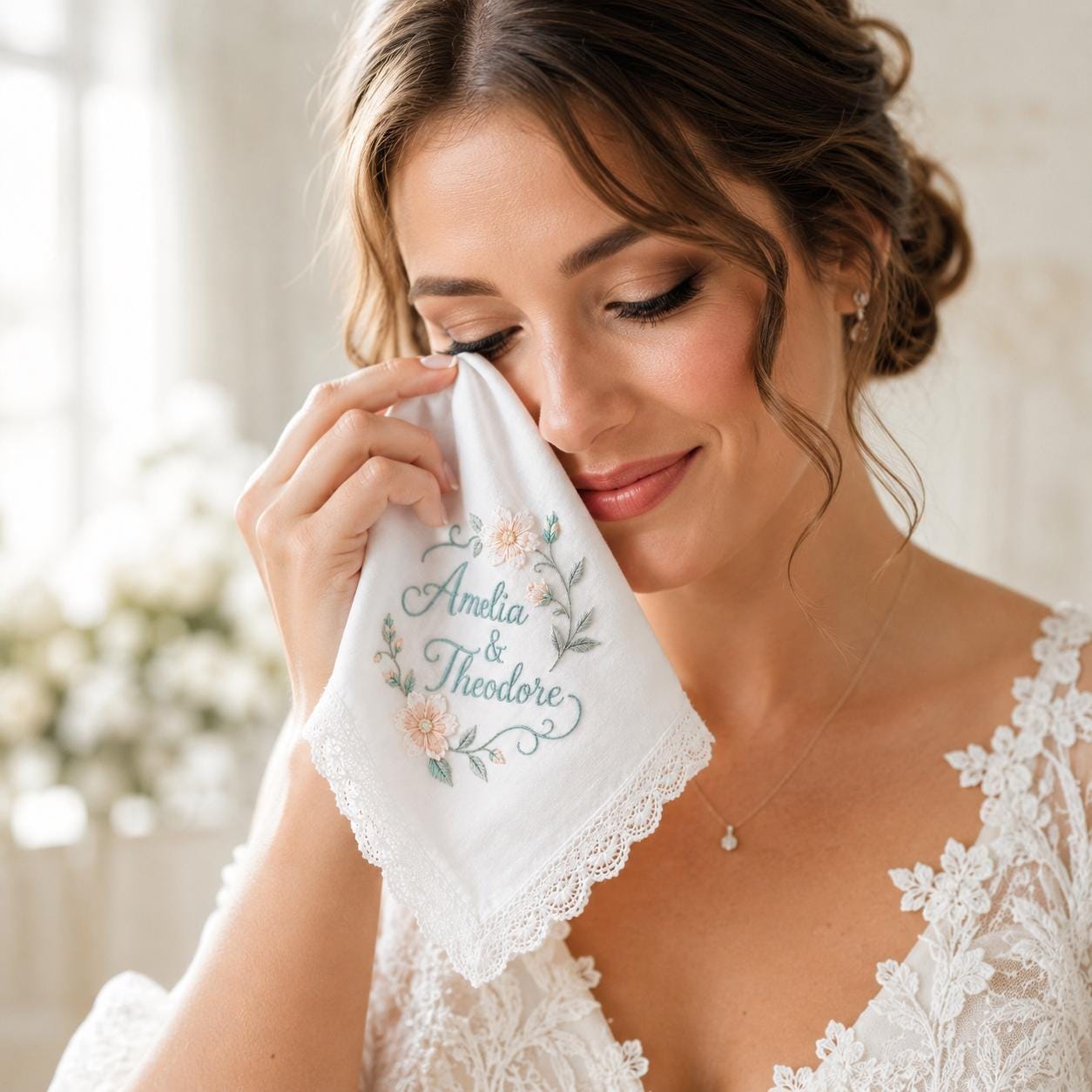 Embroidered Wedding Handkerchief with Custom Couple Name Lace Hankie and Personalized Floral Bridal Keepsake Date Gift - photo 14