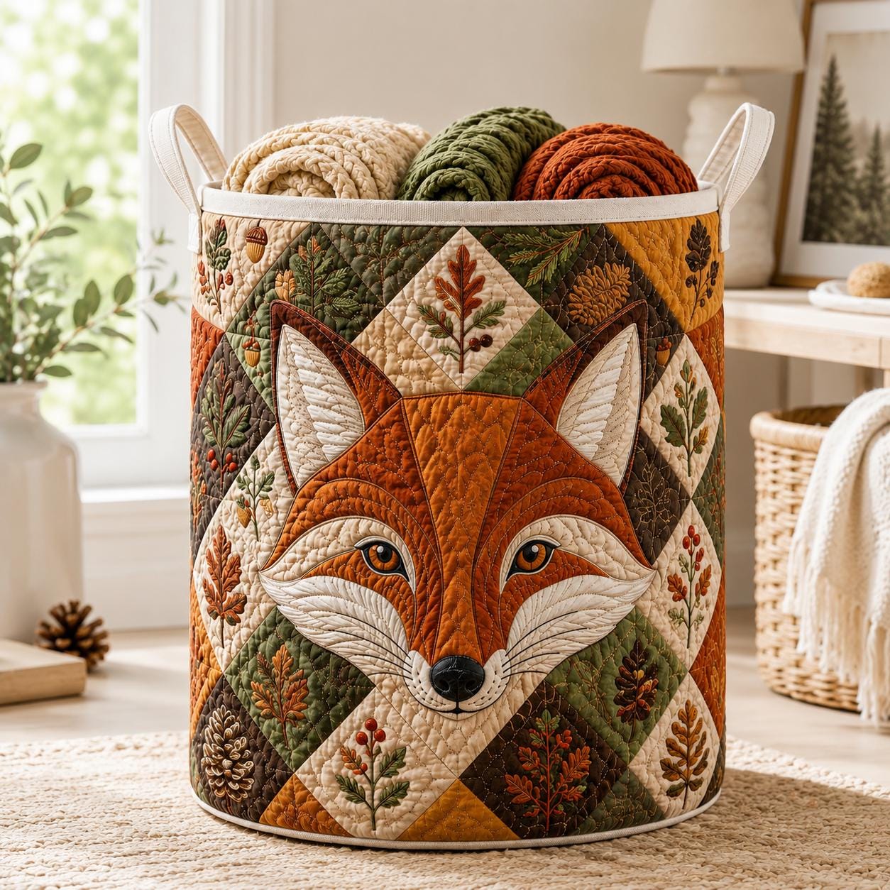 Storage Basket and Laundry Bin with Quilted Styleed Woodland Fox and Rustic Autumn Design for Wild Animal Lovers Quilted Style Storage Bins