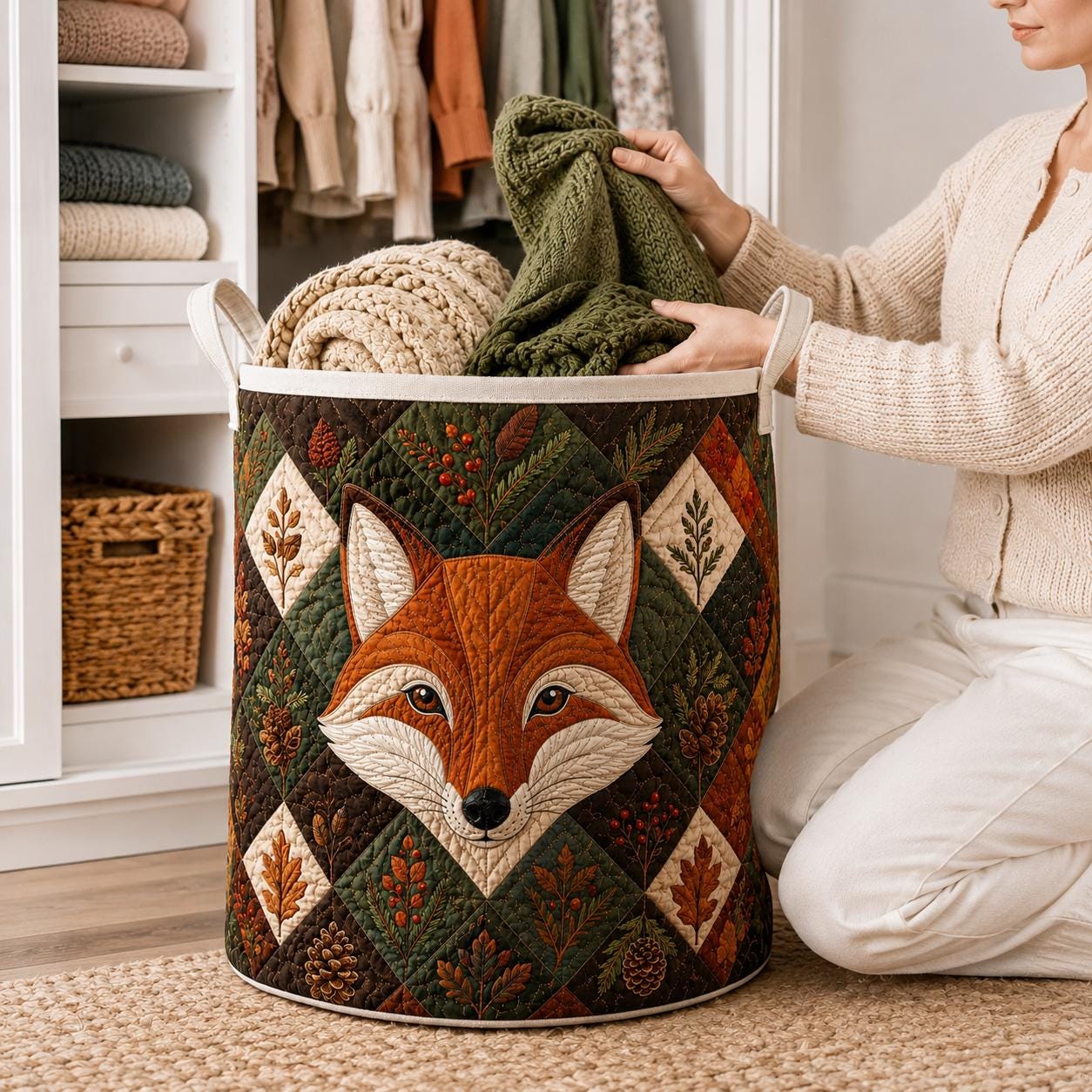 Storage Basket and Laundry Bin with Quilted Styleed Woodland Fox and Rustic Autumn Design for Wild Animal Lovers Quilted Style Storage Bins - photo 2