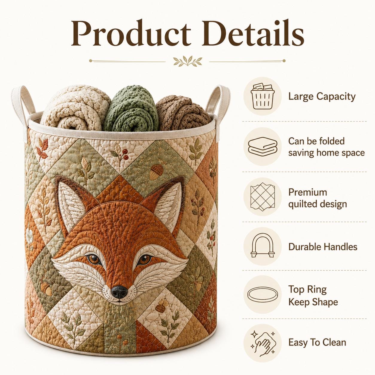 Storage Basket and Laundry Bin with Quilted Styleed Woodland Fox and Rustic Autumn Design for Wild Animal Lovers Quilted Style Storage Bins - photo 4