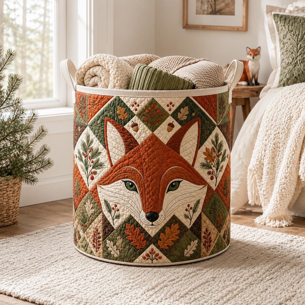 Storage Basket and Laundry Bin with Quilted Styleed Woodland Fox and Rustic Autumn Design for Wild Animal Lovers Quilted Style Storage Bins - photo 9