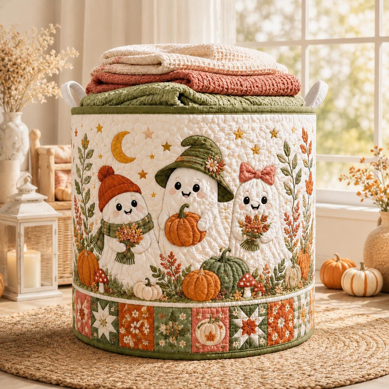 Quilted Styleed Halloween Ghosts Fabric Basket with Cute Pumpkin Laundry Hamper and Whimsical Fall Toy Bin Organizer, Aesthetic Home Decor