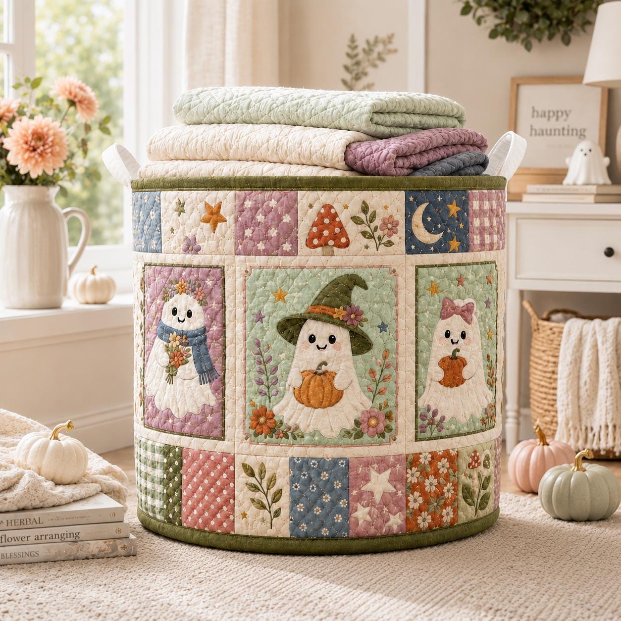 Quilted Styleed Halloween Ghosts Fabric Basket with Cute Pumpkin Laundry Hamper and Whimsical Fall Toy Bin Organizer, Aesthetic Home Decor - photo 2