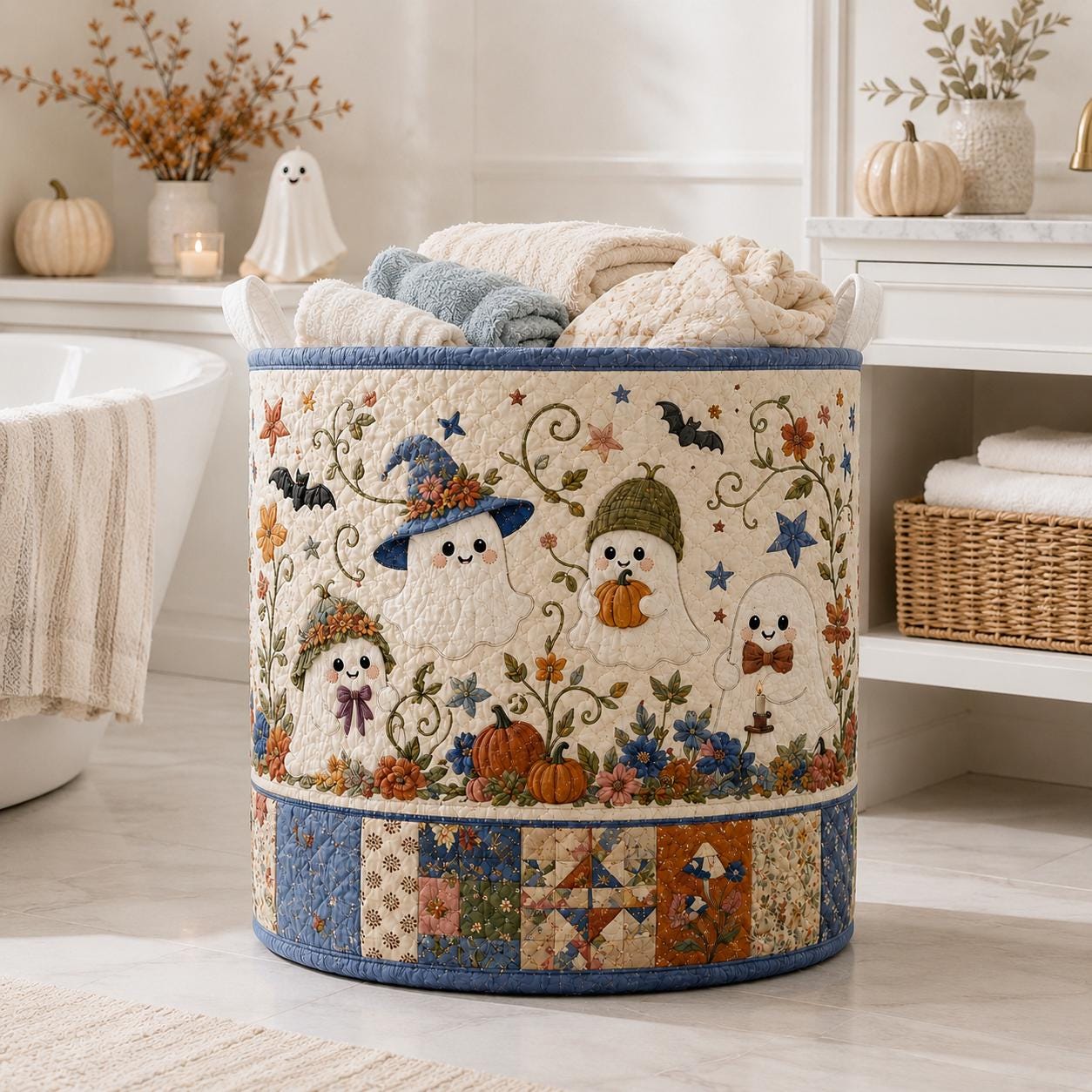 Quilted Styleed Halloween Ghosts Fabric Basket with Cute Pumpkin Laundry Hamper and Whimsical Fall Toy Bin Organizer, Aesthetic Home Decor - photo 3