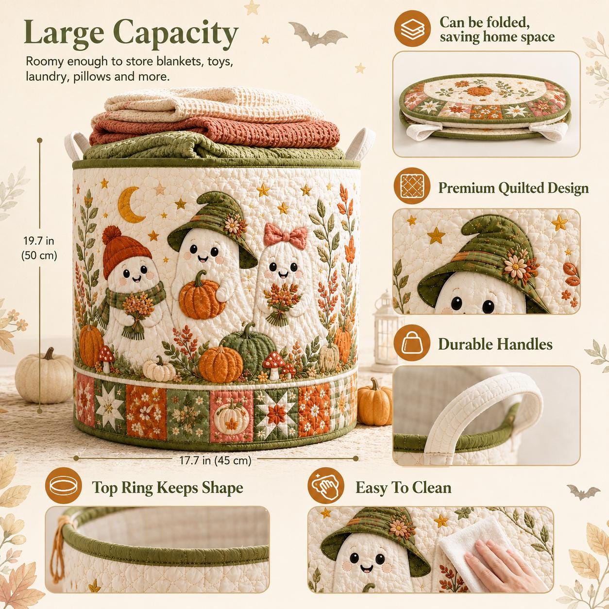 Quilted Styleed Halloween Ghosts Fabric Basket with Cute Pumpkin Laundry Hamper and Whimsical Fall Toy Bin Organizer, Aesthetic Home Decor - photo 4