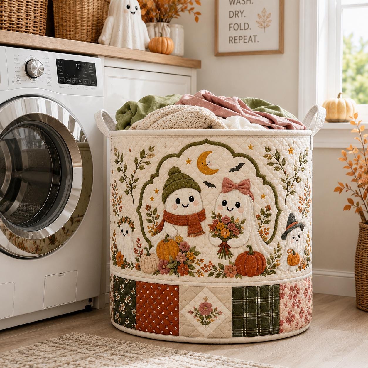 Quilted Styleed Halloween Ghosts Fabric Basket with Cute Pumpkin Laundry Hamper and Whimsical Fall Toy Bin Organizer, Aesthetic Home Decor - photo 8
