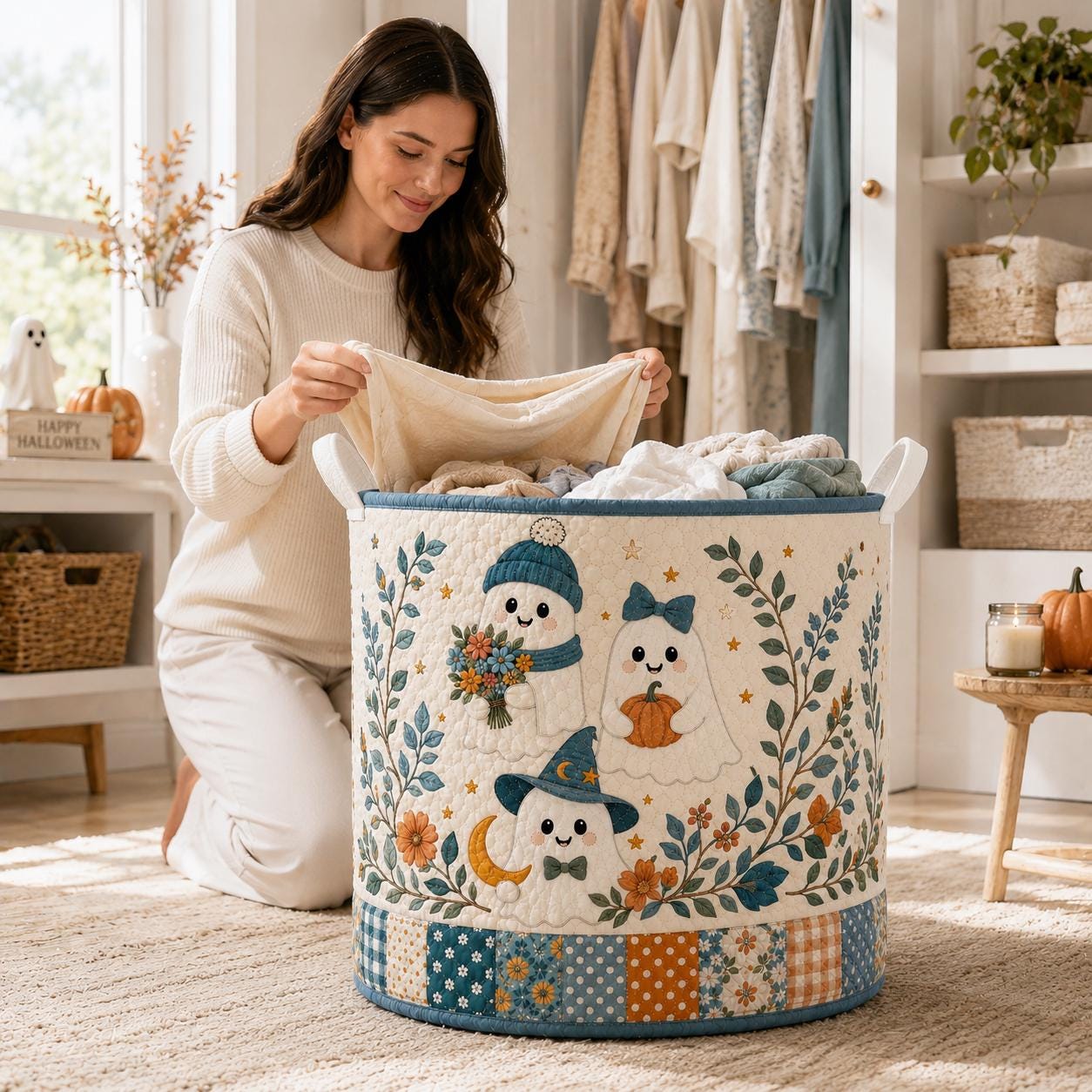 Quilted Styleed Halloween Ghosts Fabric Basket with Cute Pumpkin Laundry Hamper and Whimsical Fall Toy Bin Organizer, Aesthetic Home Decor - photo 9